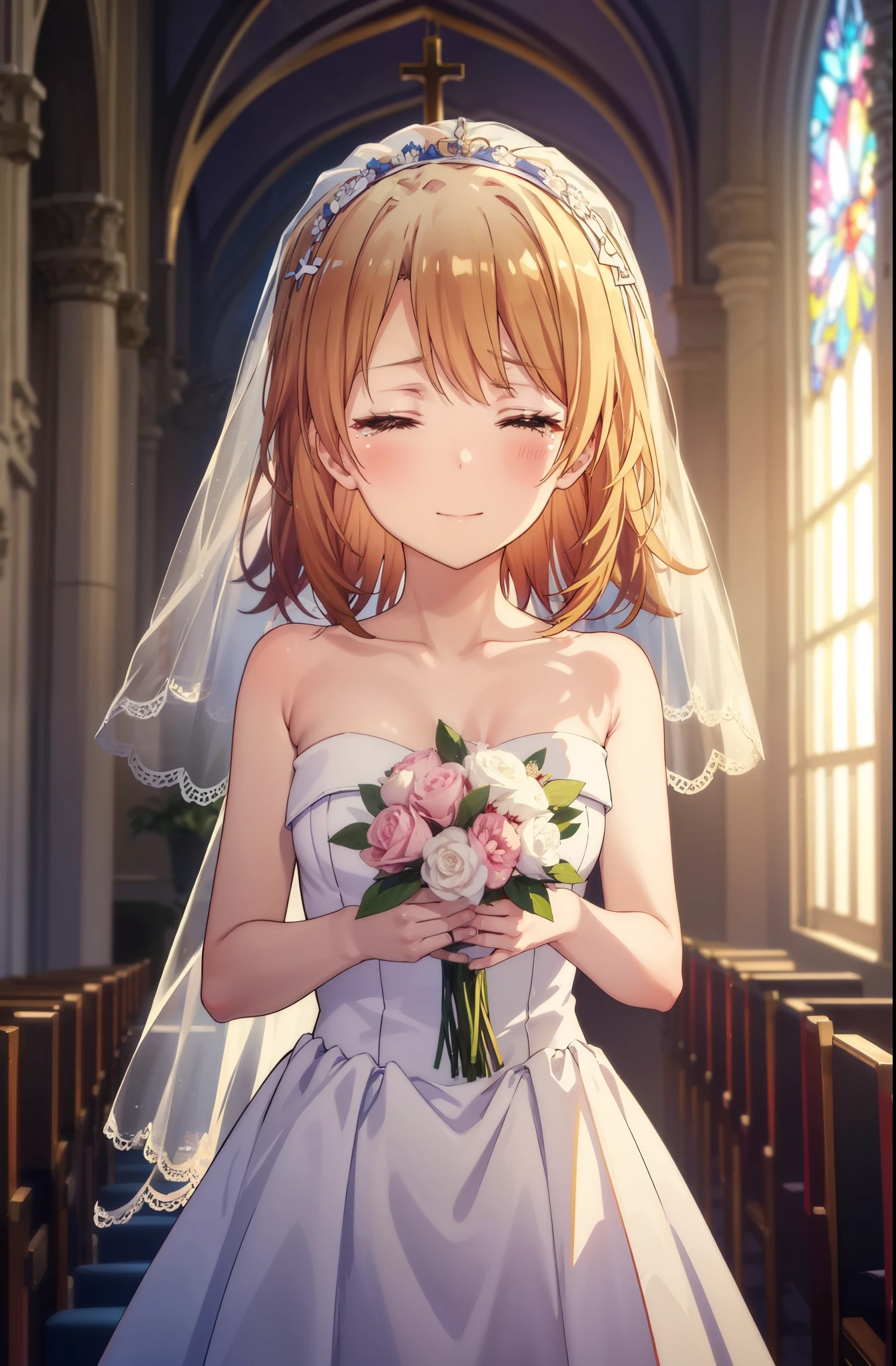 irohaisshiki, iroha isshiki, long hair, brown hair,  open your mouth,smile,happy atmosphere,Close both eyes and cry,tears run down her face,tears of joy,blush,smile,naked neck,bare clavicle,bare shoulders, large pale stained glass,Light of the sun,chapel,marriage,church,Wedding dress,veil,Wedding Skirts,bouquet,bouquetトス,Holding a big bouquet in both hands,happy atmosphere,Hanabubuki,marriage式　　　　　　　　　　　　　　　　　　　　break indoors, chapel, church,
break (masterpiece:1.2), highest quality, High resolution, unity 8k wallpaper, (shape:0.8), (highly detailed face, perfect lighting, Very detailed CG, (perfect hands, perfect anatomy),