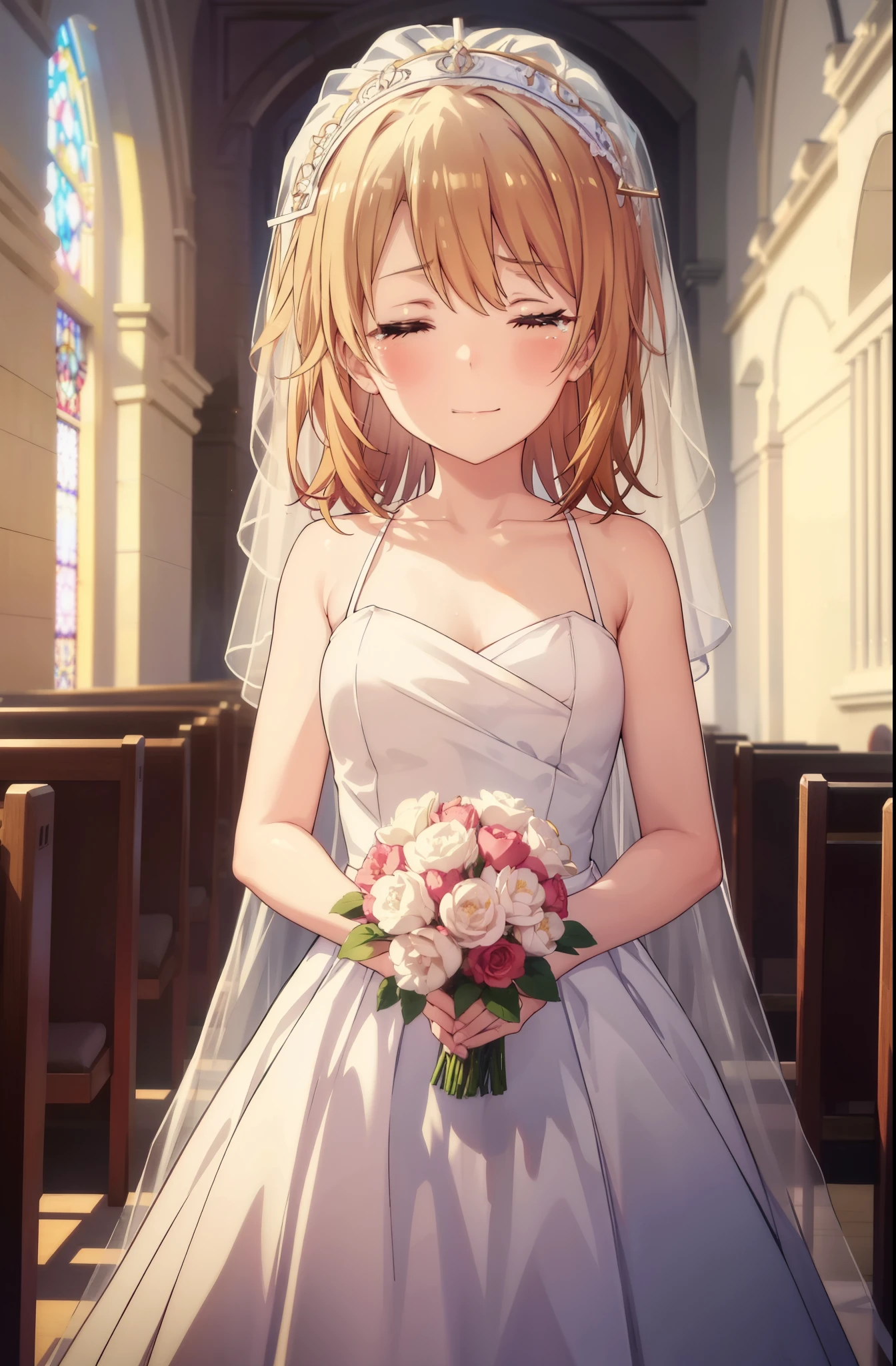 irohaisshiki, iroha isshiki, long hair, brown hair, open your mouth,smile,happy atmosphere,Close both eyes and cry,tears run down her face,tears of joy,blush,smile,naked neck,bare clavicle,bare shoulders, large pale stained glass,Light of the sun,chapel,marriage,church,Wedding dress,veil,Wedding Skirts,bouquet,bouquetトス,Holding a big bouquet in both hands,happy atmosphere,Hanabubuki,marriage式 break indoors, chapel, church,
break (masterpiece:1.2), highest quality, High resolution, unity 8k wallpaper, (shape:0.8), (highly detailed face, perfect lighting, Very detailed CG, (perfect hands, perfect anatomy),