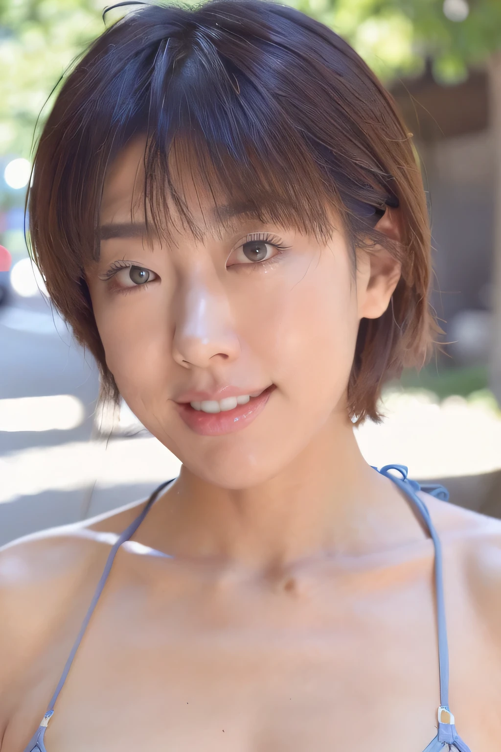 NSFW:1.5,((highest quality、8K resolution、master masterpiece、portrait:1.3)), Photoreal, 35mm film, 1 Japanese female, Upper body,Beautiful woman, on the street during the day, wrinkles around the eyes, plump body,smile,boyish_short hair、((blue micro bikini:1.3)) , (outdoors:city street 1.3), jumbled background,look at the audience,Tokyo cityscape:1.3、open your mouth