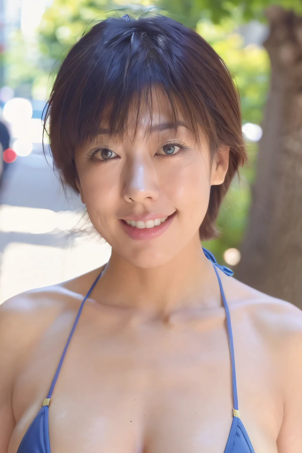 NSFW:1.5,((highest quality、8K resolution、master masterpiece、portrait:1.3)), Photoreal, 35mm film, 1 Japanese female, Upper body,Beautiful woman, on the street during the day, wrinkles around the eyes, plump body,smile,boyish_short hair、((blue micro bikini:1.3)) , (outdoors:city street 1.3), jumbled background,look at the audience,Tokyo cityscape:1.3、open your mouth