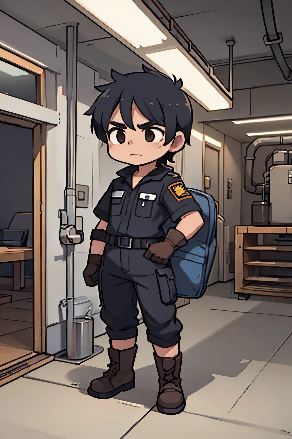 The PNGtuber character is a young man with black curly hair and brown eyes. He is wearing a typical uniform of a metallurgical company, consisting of a heavy-duty dark gray jumpsuit with multiple pockets and patches indicating your position and qualifications within the company. He wears sturdy work boots and protective gloves. His expression is focused and determined, reflecting his dedication to work in the metallurgical industry.