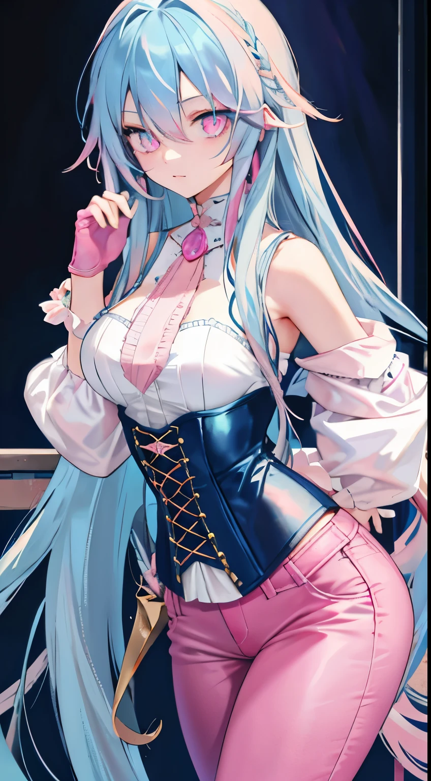 8k, best quality, masterpiece, highly detailed, semi realistic, a girl, young female, 20 years old, absurdly long light blue hair, ((blue hair: 1.5)), ((pink eyes: 1.5)), hair between eyes, banks, pink eyes, medium breast, pink lips, elbow fingerless gloves, gorgeous sexy clothes, corset, slim figure, cool expression, skinny pants, boots, lace clothes,