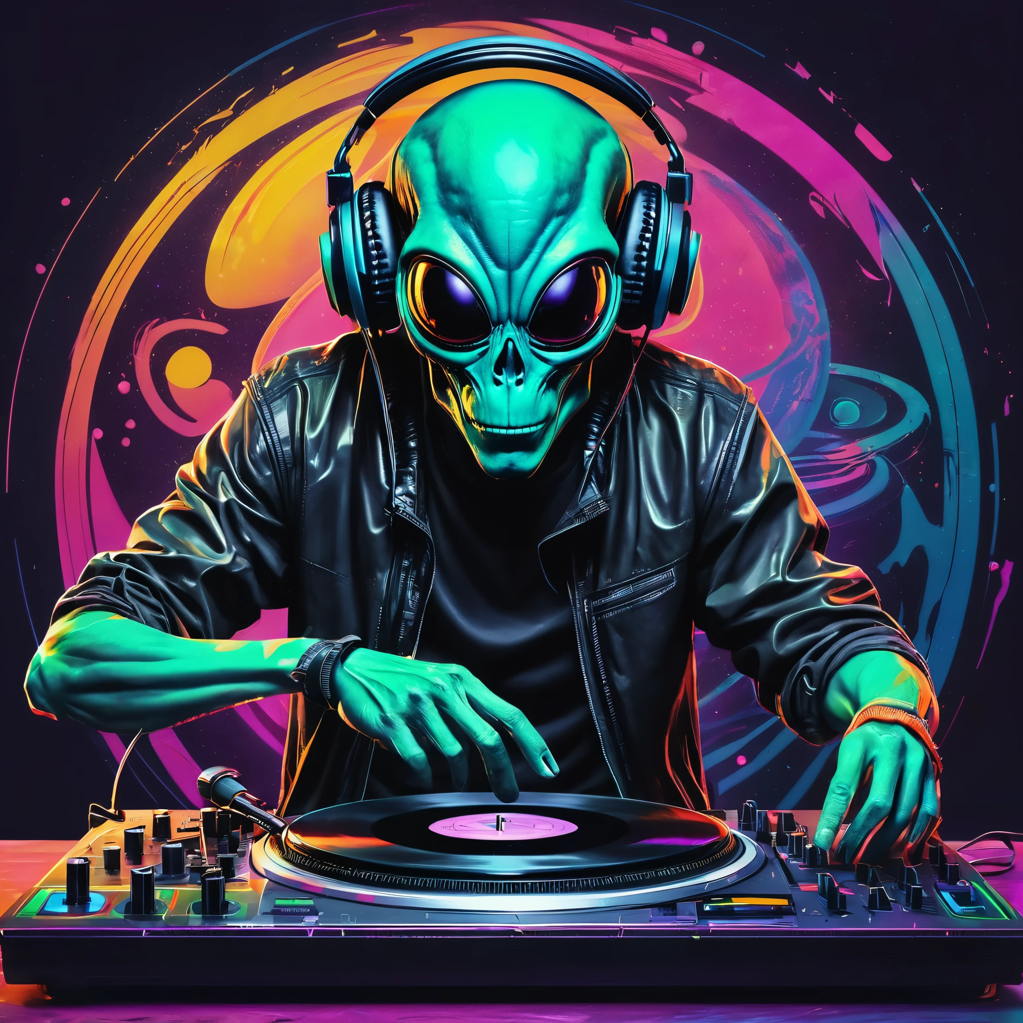 retrato deportivo，alien dj with headphones playing vinyl turntable， Psychedelic punk style，Extremadamente colorido，tendencia en artstationh,