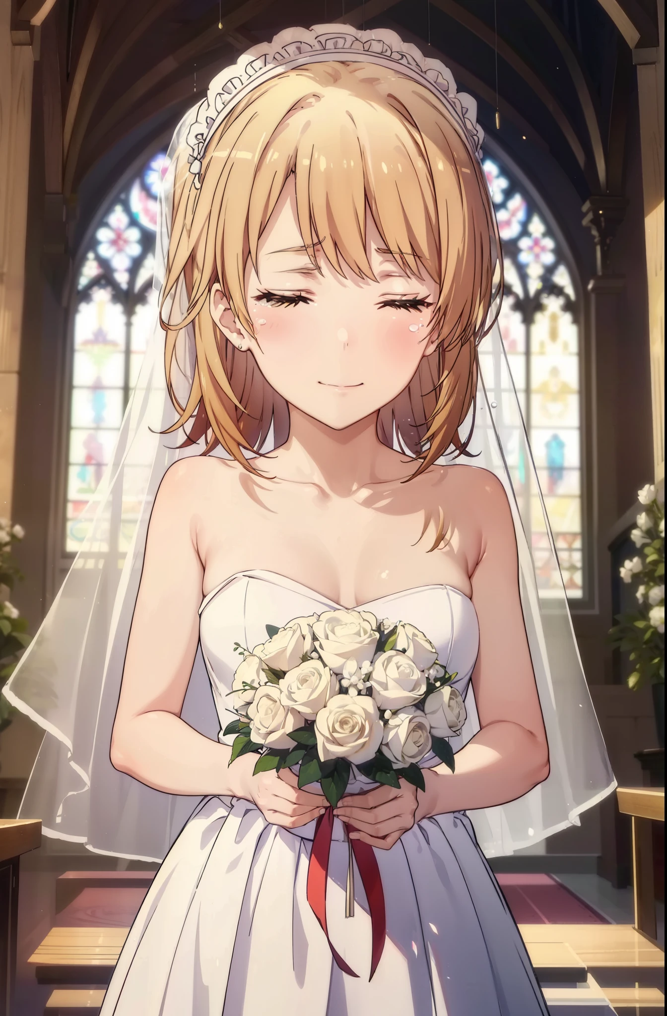 irohaisshiki, iroha isshiki, long hair, brown hair,  open your mouth,smile,happy atmosphere,Close both eyes and cry,tears run down her face,tears of joy,blush,smile,naked neck,bare clavicle,bare shoulders, large pale stained glass,Light of the sun,chapel,marriage,church,Wedding dress,veil,Wedding Skirts,bouquet,bouquetトス,Holding a big bouquet in both hands,happy atmosphere,Hanabubuki,marriage式　　　　　　　　　　　　　　　　　　　　break indoors, chapel, church,
break (masterpiece:1.2), highest quality, High resolution, unity 8k wallpaper, (shape:0.8), (highly detailed face, perfect lighting, Very detailed CG, (perfect hands, perfect anatomy),