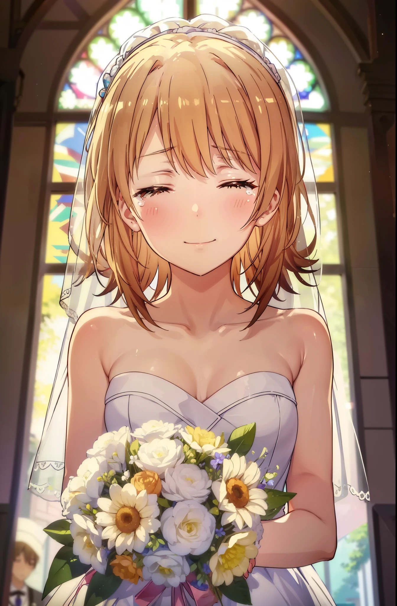 irohaisshiki, iroha isshiki, long hair, brown hair, open your mouth,smile,happy atmosphere,Close both eyes and cry,tears run down her face,tears of joy,blush,smile,naked neck,bare clavicle,bare shoulders, large pale stained glass,Light of the sun,chapel,marriage,church,Wedding dress,veil,Wedding Skirts,bouquet,bouquetトス,Holding a big bouquet in both hands,happy atmosphere,Hanabubuki,marriage式 break indoors, chapel, church,
break (masterpiece:1.2), highest quality, High resolution, unity 8k wallpaper, (shape:0.8), (highly detailed face, perfect lighting, Very detailed CG, (perfect hands, perfect anatomy),