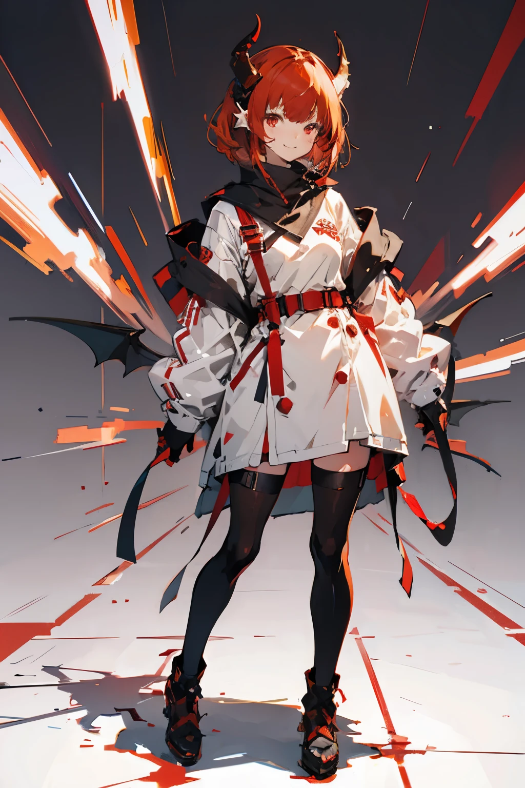 demon girl, horns, red hair, bangs haircut, covered ears, red eyes, smile, medium , full body