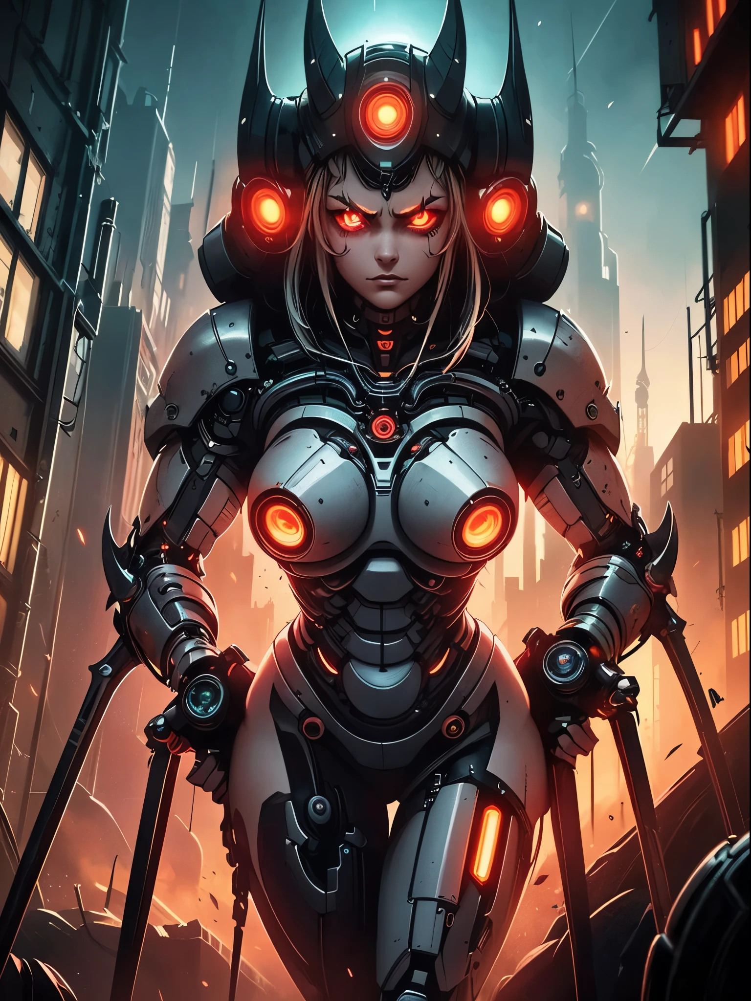 (best quality,ultra-detailed,realistic:1.37),woman cyborg,red eyes,evil,anime,huge ,sleek metallic body,expressionless face,glowing circuits,enormous energy blade,mechanical limbs,dystopian city backdrop,neon lights reflection,dark and ominous atmosphere