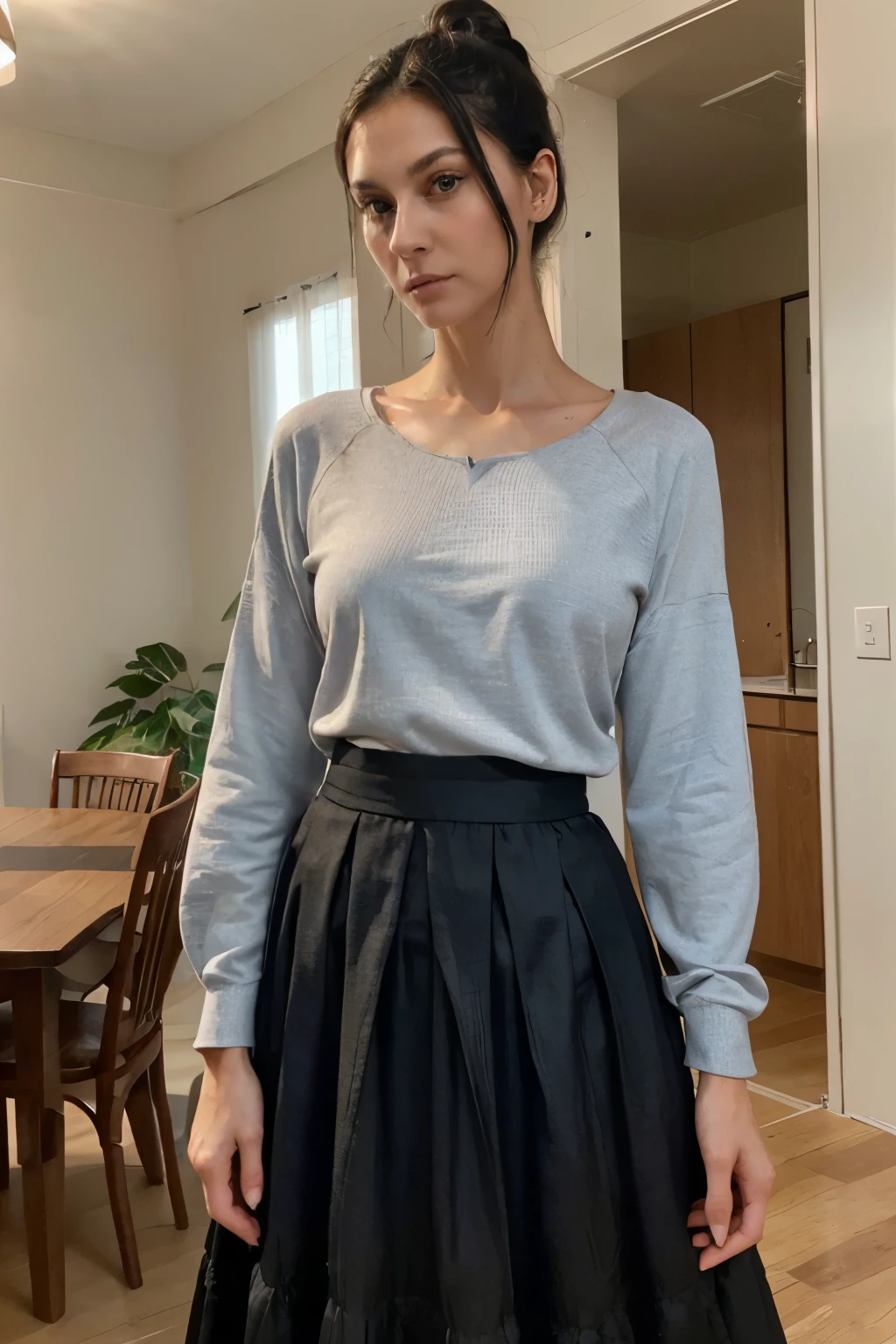 (50-year-old woman, anorexic woman) gossip. tall thin woman, ugly face, wrinkled face, thin face, thin face, big thin nose, long curved nose, face with wrinkles, tired and old face, thin waist, thin body, thin thin body (black hair, hair tied in a bun) (blue eyes) (white and fair skin) thin and tall body, western face, thin lips, small mouth, thin hips, thin thighs (anger, angry expression) full body, thin nose (small breasts , sagging chest), ugly woman ((best quality)), ((ultra resolution)), ((photorealistic: 1.4)), (intricate details)((Location: indoors)) (conservative clothes, long clothes , Christian woman) (black shirt, black plaid skirt, long skirt, long skirt, long skirt, long clothes, conservative clothes, long-sleeved shirt) seen from below (clothing style: conservative, long clothes, covering the body)
