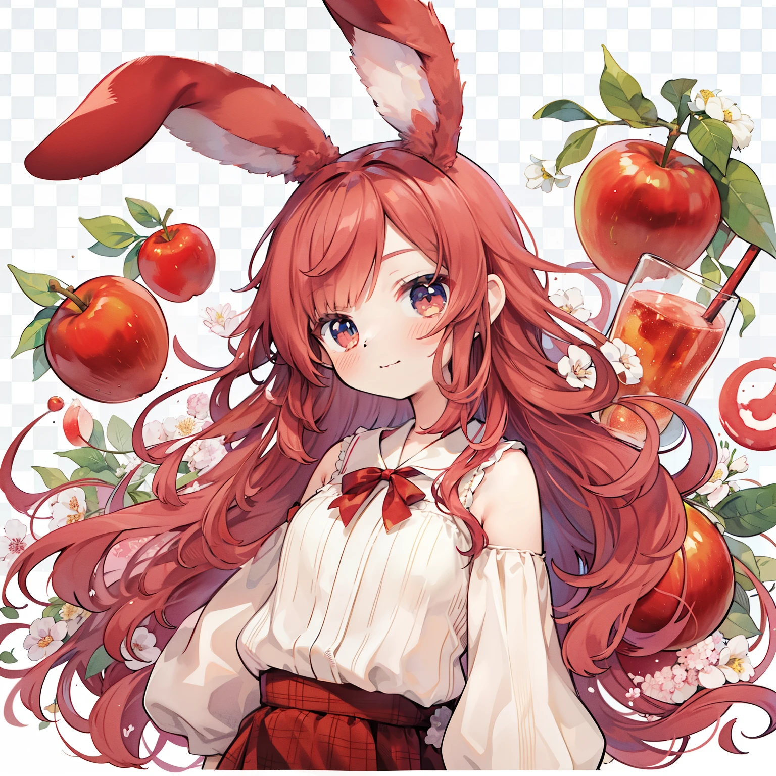 anime girl with long red hair and rabbit ears holding an apple, pastel watercolor anime、fullbody,contrapposto, transparent watercolor、girl、jewel eyes、beautiful arrangements and motifs、written boundary depth、flat avatar, 1girl, smile, light red hair((Rabbit ears wavy hair growing on the head))、The tips of the rabbit&#39;s ears are red、red object、red hair tips, Fashionable design clothes((red and white)),background white, cute girl、Red theme、Apple juice、a lot of apples、apple hair ornament、anime visual of a cute girl, with long floppy rabbit ears, with apple, cute anime girl, official art, (anime girl), anime girl with long hair, cute anime, anime wallaper, pixiv style, cute anime style, official illustration, high quality anime artstyle, cute anime girl portraits