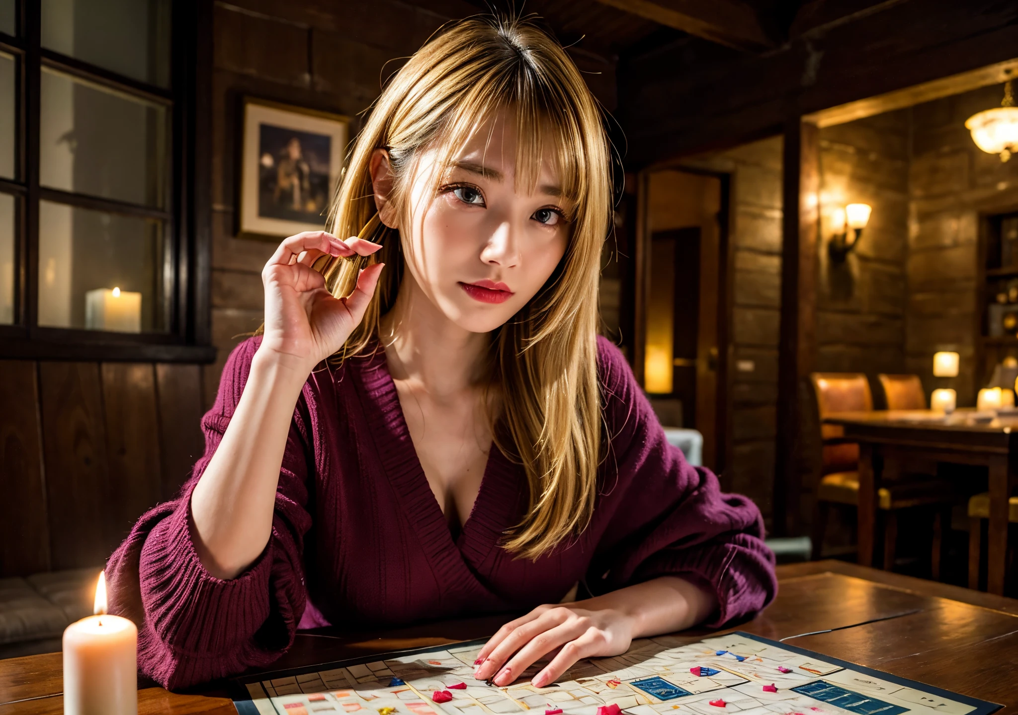 ((best quality)), ((masterpiece)), (detailed), perfect face
Blonde Girl plays DND tabletop Board Game at house in the Hill
Night, Candle room, Face looking to Camera.