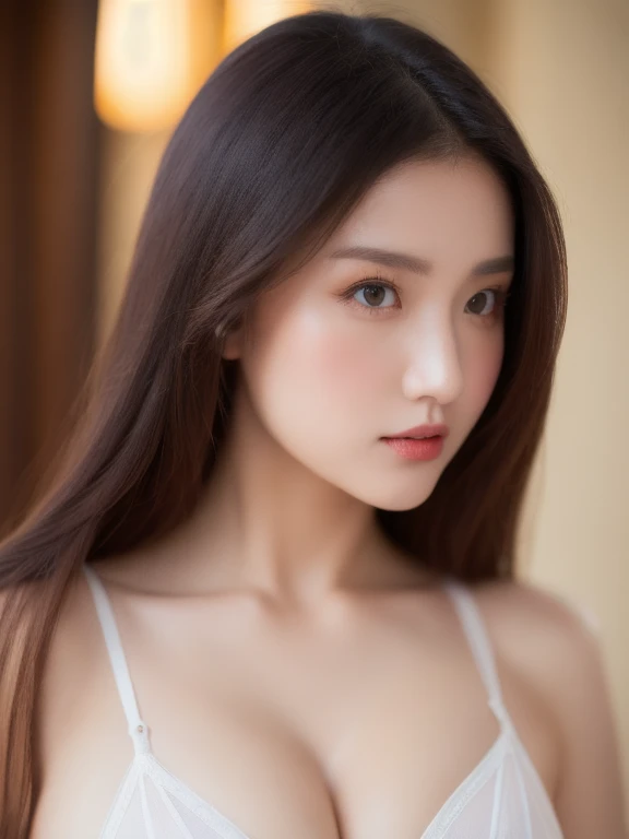 (realistic、masterpiece、Best Quality、8K、highres、high resolution:1.3)、1 glasses girl、Huge breasts、white bikini、pale white skin、looking at viewers、super fine face and eyes、long hair、indoor、 upper body、