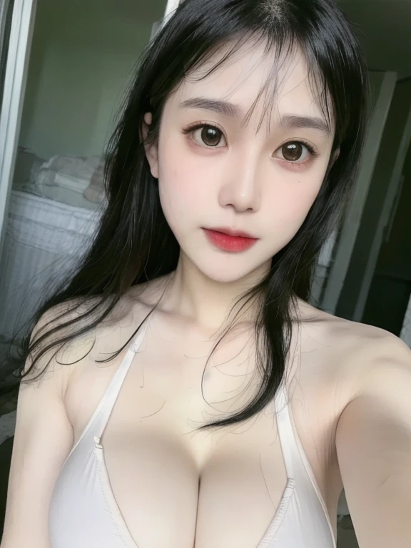 (realistic、masterpiece、Best Quality、8K、highres、high resolution:1.3)、1 girl、Huge breasts、white bikini、pale white skin、looking at viewers、super fine face and eyes、long hair、indoor、 upper body、