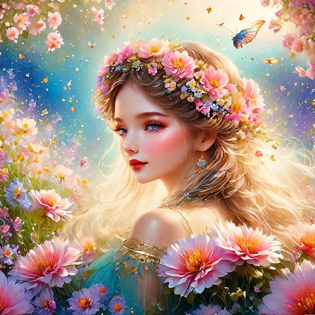 (masterpiece, best quality:1.2), 1girl, solo，Fairy in the forest, flower crown,
Many butterflies surround her,
Flowers, dreamy, beautiful