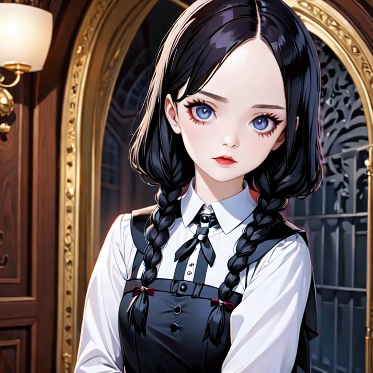 (masterpiece, best quality:1.2), 1girl, solo, Wednesday Addams, sinister, Intelligent, gothic.