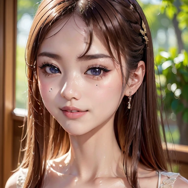 (クローズアップ:1.4)、(RAW写真:1.2)、(フォトリアリスティック:1.4)、(傑作:1.3)、(最高品質:1.4)、ソロ、(美しく詳細な目)、(魅力的な大きな目)、(美しい二重まぶた)、(美しく詳細な顔)、ナチュラルな化粧、長いまつげ、(優しい笑顔:1.2)、透明感ある肌、(光沢のある肌)、(スレンダーで美しい)、(非常に美しい:1.2)、(優しい笑顔:1.2)、小顔美人、黄金比、