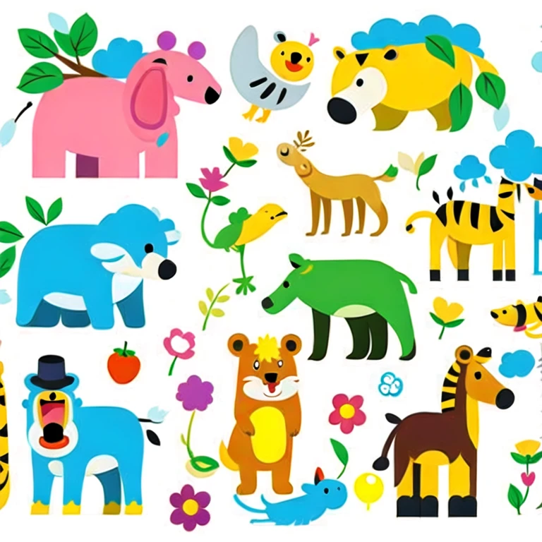 (masterpiece, best quality:1.2), Vector animal line illustrations, cute animals, cartoons, fun, childlike