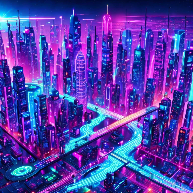 (masterpiece, best quality:1.2), A futuristic city illuminated by neon lights, with glowing plants, buildings that resemble circuit boards, roads flowing with liquid light, and colorful beams of light and spaceships in the sky.