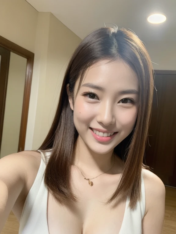 (Masterpiece:1.3)、(8k、Photo Realistic、RAW Photography、top-quality: 1.4)、super definition、anatomically correct、Textured skin、(1girl、solo)、(Shooting for one person only)、beautiful countenance、(realistic face)、Korean model(A dark-haired、Center division、Long:1.3)、Chinese models(A dark-haired、Center division、Long:1.3)、More Korean than Chinese、realistic eyes、real looking skin、Beautiful details、Beautiful skins、A charming smile、super high resolution、(hyper-realistic)、anatomically correct、Textured skin、Sharp jawline、perfect proportions 、(plump bust)、Necklace、 Realistic Light(selfies)、morning view、natural light、(white t-shirt)、(selfie in front of the mirror)、(bedroom in the background)、(smartphone on the right)、The top from the chest is reflected、shooting from above、(A little visible cleavage)、shy smile