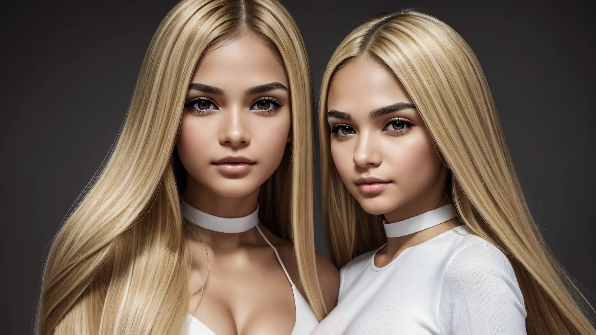 ((Beautiful) 2 attractive cute young women), very_cute, choker, (big breasts:1.4), (small_nose:1.2, thin_nose:1.5, delicate_nose:1.5, pointed_nose_tip:1.5, symmetric_nose), round_chin:1, short_jaw:1, round_jaw:1, long_hair, straight_hair, (blonde_hair:1.5), (brown_eyes:1.5, mahogany_brown_eyes:1), cheek_dimples:1.3, round_cheeks:1.2, (very_small_eyebrows:1.5), (Masterpiece, 8K, best quality, highres:1.5), full_body_shot:1.5, looking_at_viewer:1.5, body_looking_at_viewer:1.5, black_photoshoot:1, white_room:1, white_backdrop:1.5, standing, provocative_body_posture:1.5, flirting_facial_expression, wearing white_straplesini_dress), short_woman, small_woman, skin_texture:1.2