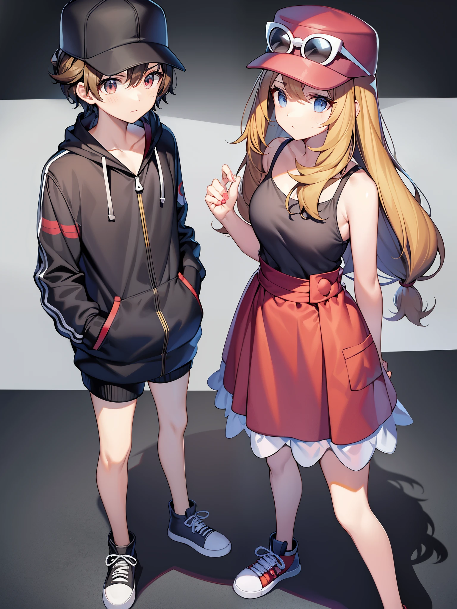 Pokémon、Serena、solo、1 person、Pokemon X/Y、calm、Red canoche hat with white sunglasses on top、red and black high waist ensemble、black knee socks、high cut sneakers。Her hairstyle is long wavy blonde hair.。The ends of the hair are tied slightly at the back.。He is taller than previous protagonists.。You can also change your hairstyle and clothes.、Dark-haired or blonde、short hair or twin tails、Sporty style, Lolita style, etc. as many as the number of players.々There is a main character who looks like。By wearing a micro-length hoodie or mini camisole, you can show off your belly button.、By wearing a micro-length hoodie or mini camisole, you can show off your belly button.