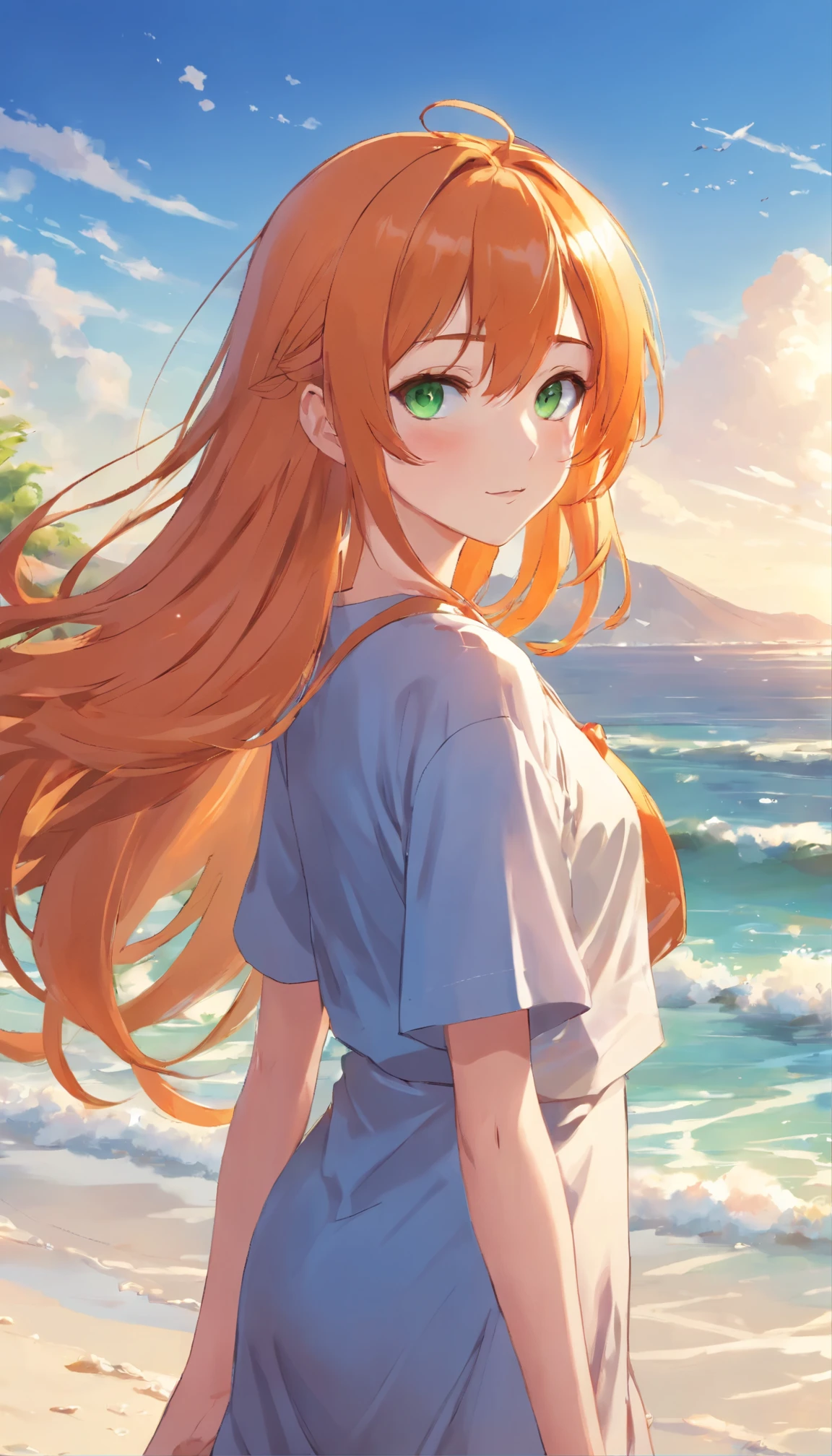Anime girl with long orange hair, standing on the beach near the ocean, green eyes detailed digital anime art, anime girl with long hair, гладкое аниме cg art, anime girl with long hair, digital anime art, work in Guweiz style, Beautiful anime portrait, Photorealistic render of an anime girl, Beautiful anime girl, advanced digital anime art, guweiz на artstation pixiv HD UHD HQ