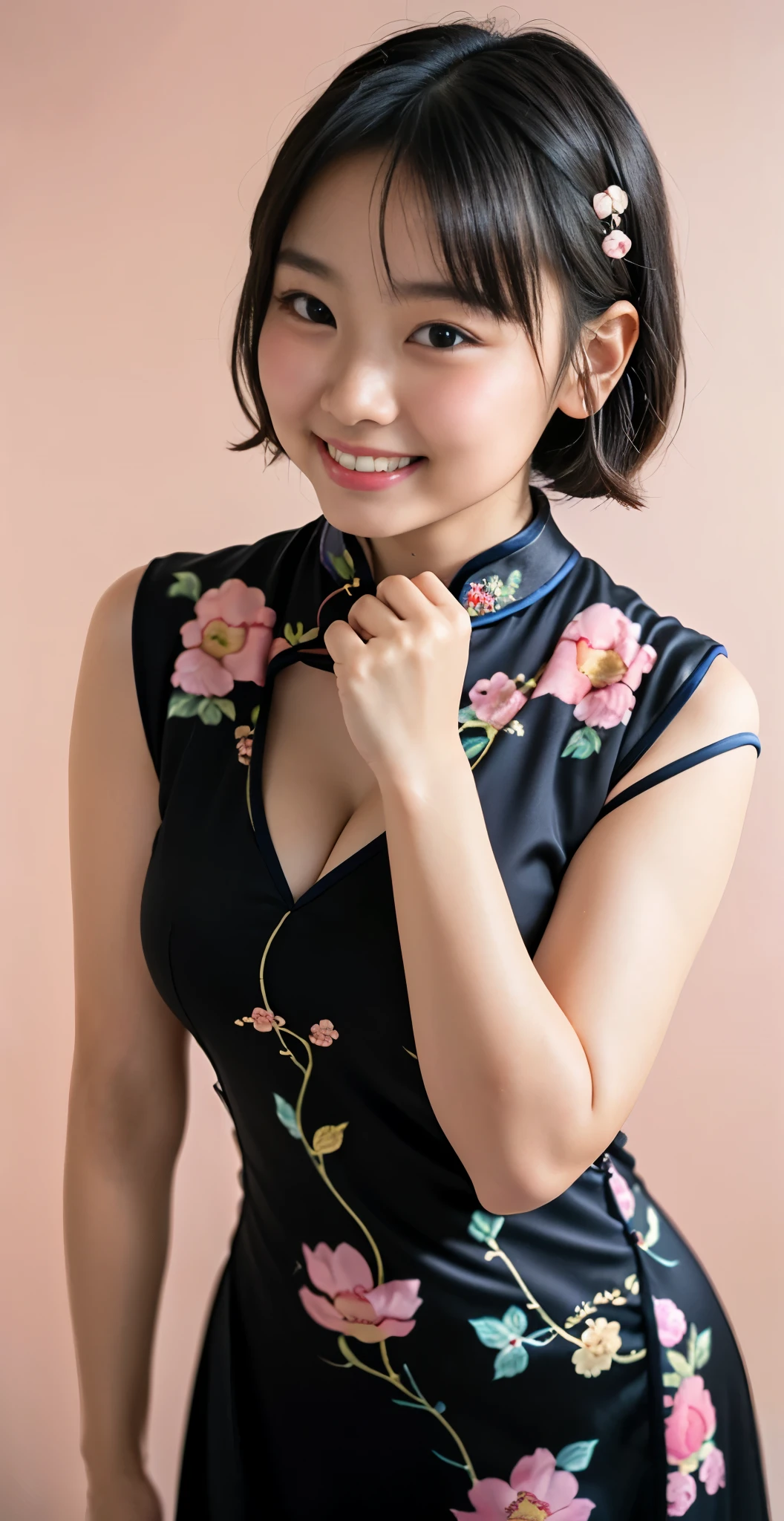 (8k、Raw photography、highest quality、masterpiece:1.2),(black haired、very short hair:1.8),(twin mitsu braid:1.4)、show viewer,Looking at the front,erotic,白いskin,(She is wearing a pink floral cheongsam。.。.:1.7)、()、(Clothing that emphasizes the shape of your chest、publish one'skin:1.8)、(big breasts :1.4)、slim body shape、ultra high resolution,beautiful,beautiful fece,(alone、no background:1.9),whole bodyボディー,japanese woman,(Photoreal:1.37)、photon mapping,reality、(Baby-faced and cute: 1.0)、(cute smile: 1.7)、(With a round face: 1.7)、radio city、Physically based rendering、depth of field rally background、photograph, (I can see your knees,close up of thighs:1.5),whole body、super fine