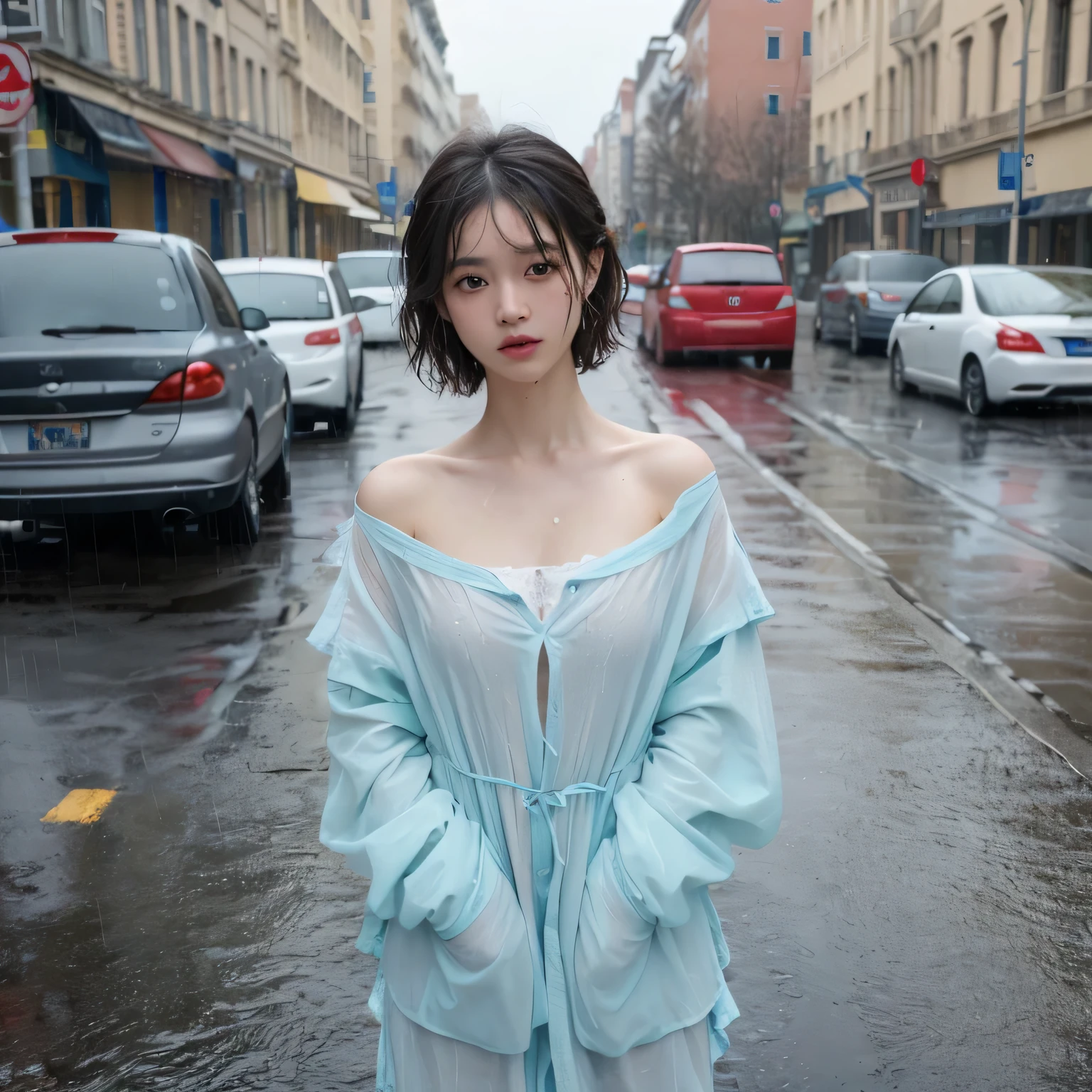 (8k), (best quality), (masterpiece:1.2), (realistic), (photorealistic:1.37), ultra-detailed, 26 year old girl, very short hair, naked on the (light blue trash bag:1.3), skimpy, sexy, dive,(rain street:1.3)