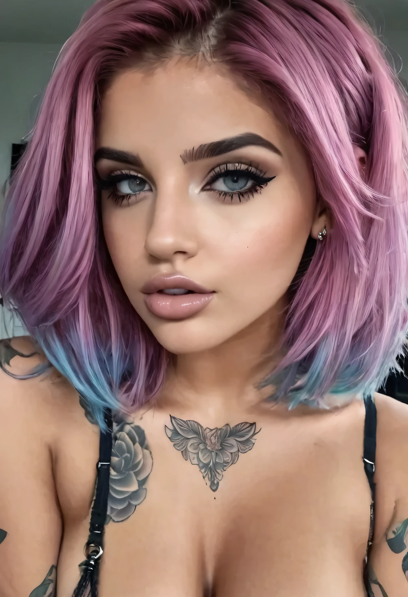 Uma linda garota, cabelos loiros, olhos azuis, corpo com varias tatuagens, labios perfeitos, face do rosto perfeito, sexy, sensual, com piercing no bico do seios, the girl is sucking a big one, realistic penis of her boyfriend standing in front of her