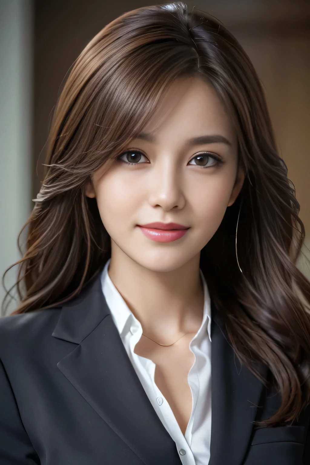 table top, highest quality, realistic, Super detailed, finely, High resolution, 8k wallpaper, 1 beautiful woman,, light brown messy hair, wearing a business suit, sharp focus, perfect dynamic composition, beautiful and detailed eyes, thin hair, Detailed realistic skin texture, smile, close-up portrait, model body shape