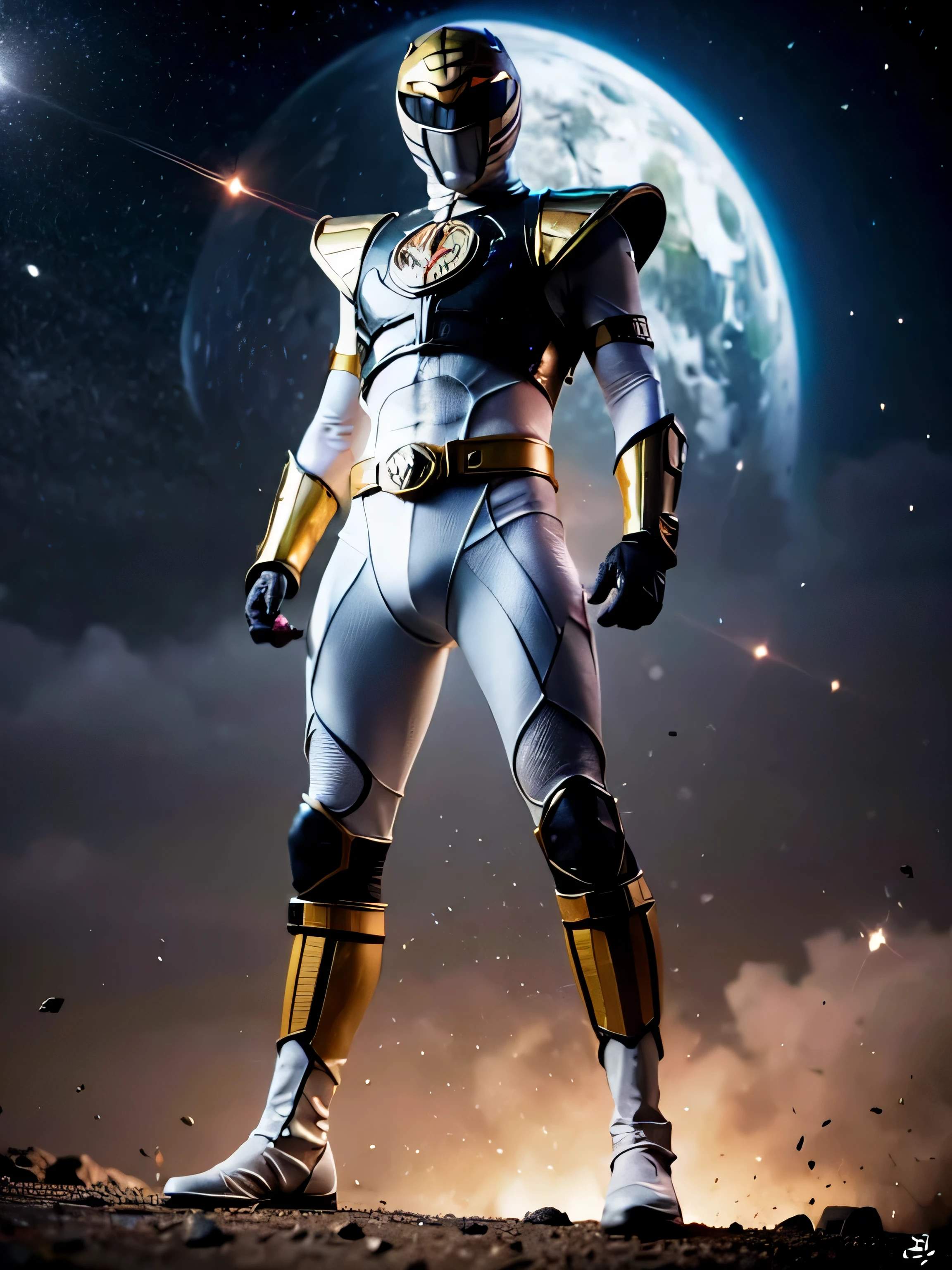 ((obra de arte,melhor qualidade)), absurdos, branco_guarda-florestal, Corpo todo, Standing posture, Sozinho, black breastplate, Tokusatsu, capacete e armadura detalhados, Stars and space in the background, film composition, Dynamic Pose,