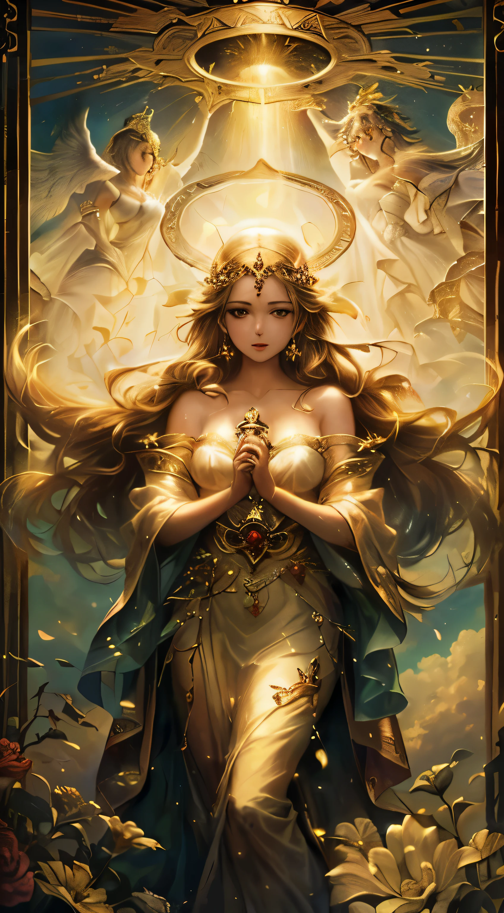 photograph,photographには王冠と天使を手に持った女性が描かれています, goddess. very detailed, goddessの見事な肖像画, 美しいレオのgoddess, germ of art ジュリー・ベル ビープル, art style, germ of art, 美しいgoddessの肖像画, beautiful fantasy empress, germ of art. anime illustration, goddessの肖像画,Breasts are sexier