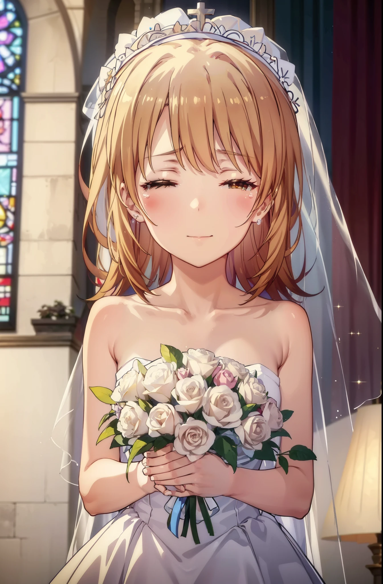 irohaisshiki, iroha isshiki, long hair, brown hair, open your mouth,smile,happy atmosphere,Close both eyes and cry,tears run down her face,tears of joy,blush,smile,naked neck,bare clavicle,bare shoulders, large pale stained glass,Light of the sun,chapel,marriage,church,Wedding dress,veil,Wedding Skirts,bouquet,bouquetトス,Holding a big bouquet in both hands,happy atmosphere,Hanabubuki,marriage式 break indoors, chapel, church,
break (masterpiece:1.2), highest quality, High resolution, unity 8k wallpaper, (shape:0.8), (highly detailed face, perfect lighting, Very detailed CG, (perfect hands, perfect anatomy),