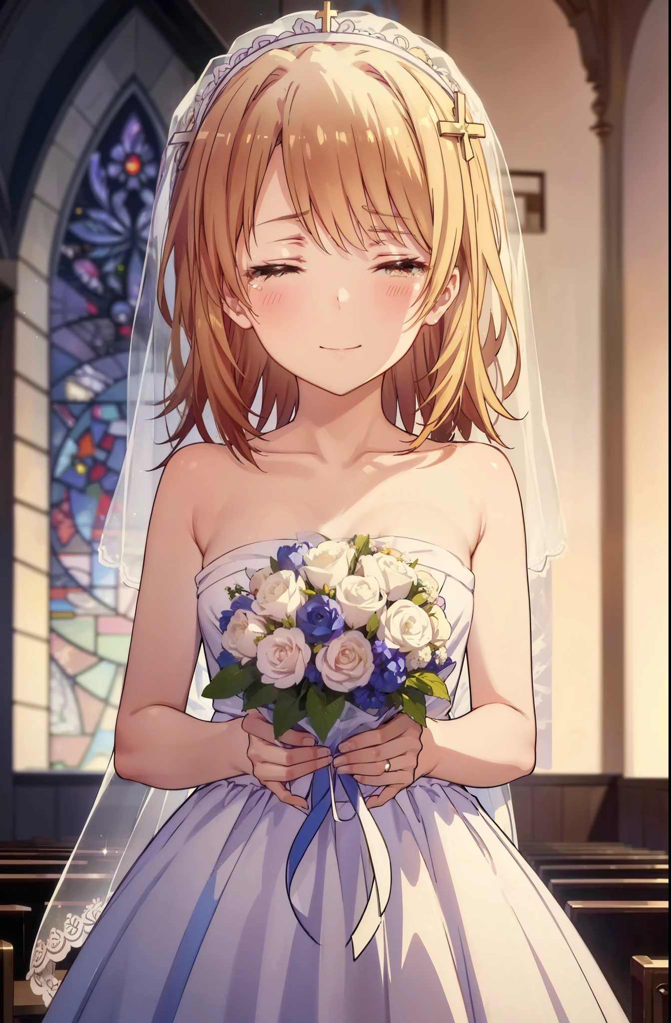 irohaisshiki, iroha isshiki, long hair, brown hair, open your mouth,smile,happy atmosphere,Close both eyes and cry,tears run down her face,tears of joy,blush,smile,naked neck,bare clavicle,bare shoulders, large pale stained glass,Light of the sun,chapel,marriage,church,Wedding dress,veil,Wedding Skirts,bouquet,bouquetトス,Holding a big bouquet in both hands,happy atmosphere,Hanabubuki,marriage式 break indoors, chapel, church,
break (masterpiece:1.2), highest quality, High resolution, unity 8k wallpaper, (shape:0.8), (highly detailed face, perfect lighting, Very detailed CG, (perfect hands, perfect anatomy),