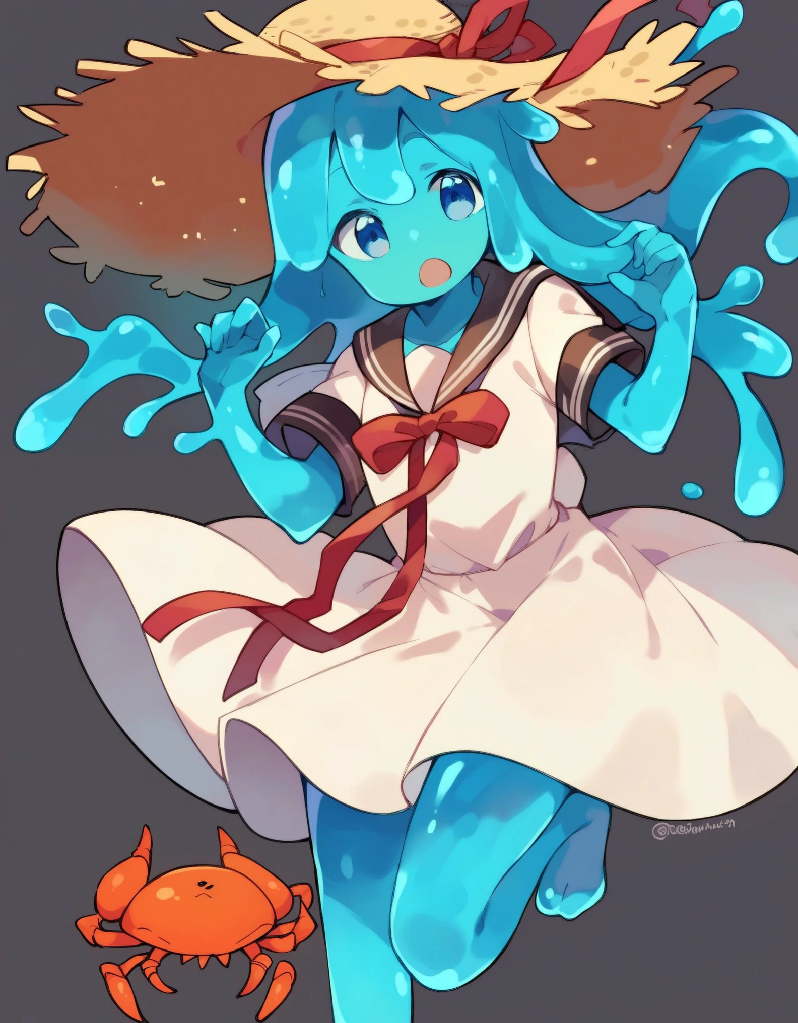 slime girl, 1girl, hat, monster girl, dress, solo, colored skin, blue hair, blue eyes, crab, open mouth, long hair, straw hat, simple background, twitter username, liquid hair, ribbon, white dress, neck ribbon, blue skin, white background, standing, red ribbon, hands up, short sleeves, standing on one leg, sailor dress, sailor collar  score_9, score_8_up, score_7_up, score_6_up, score_5_up, score_4_up, source anime, transparent,