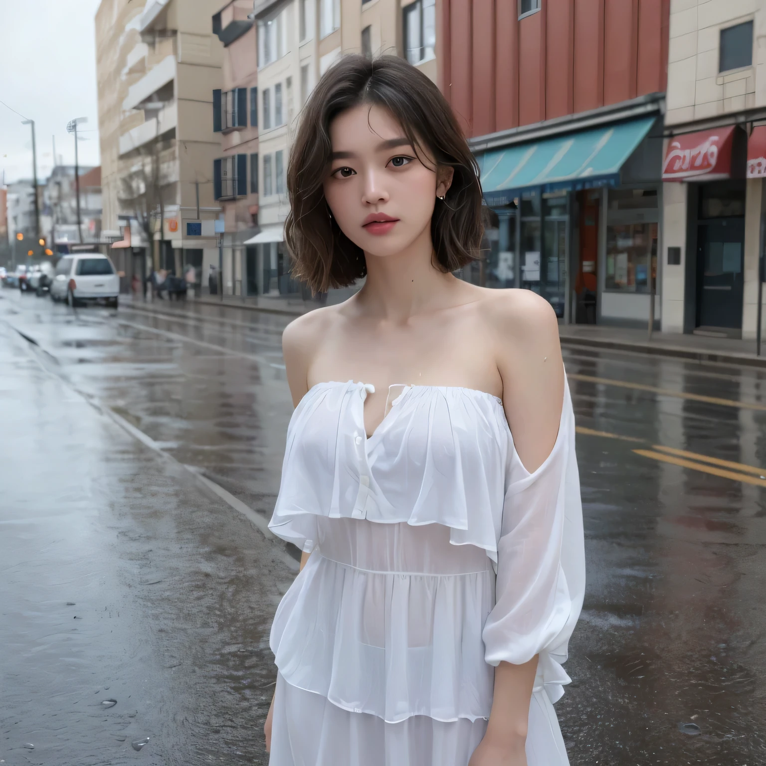 ((highest quality, 8k, masterpiece:1.3)), concentrate:1.2, perfect body beauty:1.4, buttocks:1.2, ((layered haircut, chest:1.2)), (wet clothes:1.1) , (rain, street:1.3), bandeau dress: 1.1, Highly detailed face and skin texture, fine eyes, double eyelid, whitened skin, long hair, (shut up: 1.3)