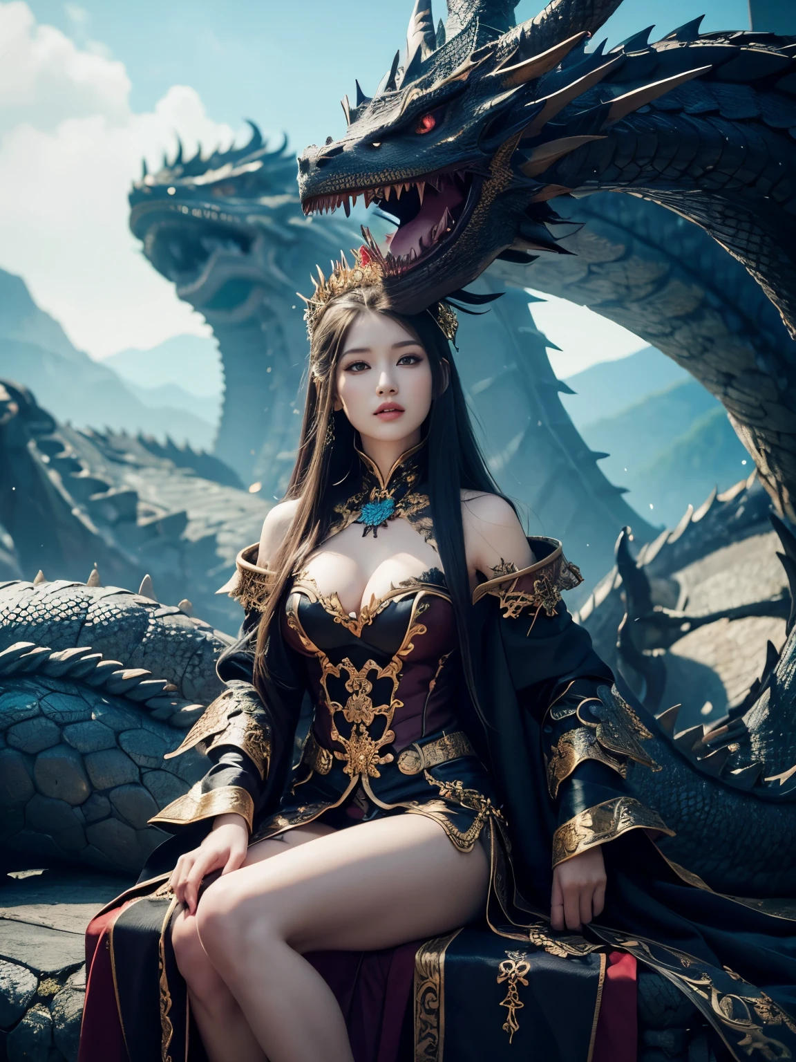 Dragon princess sitting in front of a dragon,( absurdly,high quality , Super detailed),(See photographer ), black dragon queen,Detailed and beautifully colored dragon costume,fantastic world