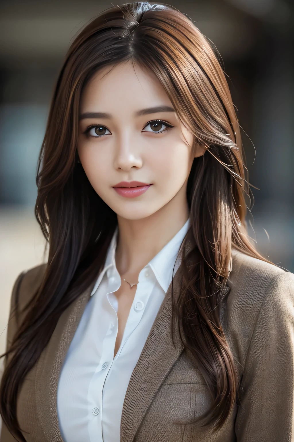 table top, highest quality, realistic, Super detailed, finely, High resolution, 8k wallpaper, 1 beautiful woman,, light brown messy hair, wearing a business suit, sharp focus, perfect dynamic composition, beautiful and detailed eyes, thin hair, Detailed realistic skin texture, smile, close-up portrait, model body shape