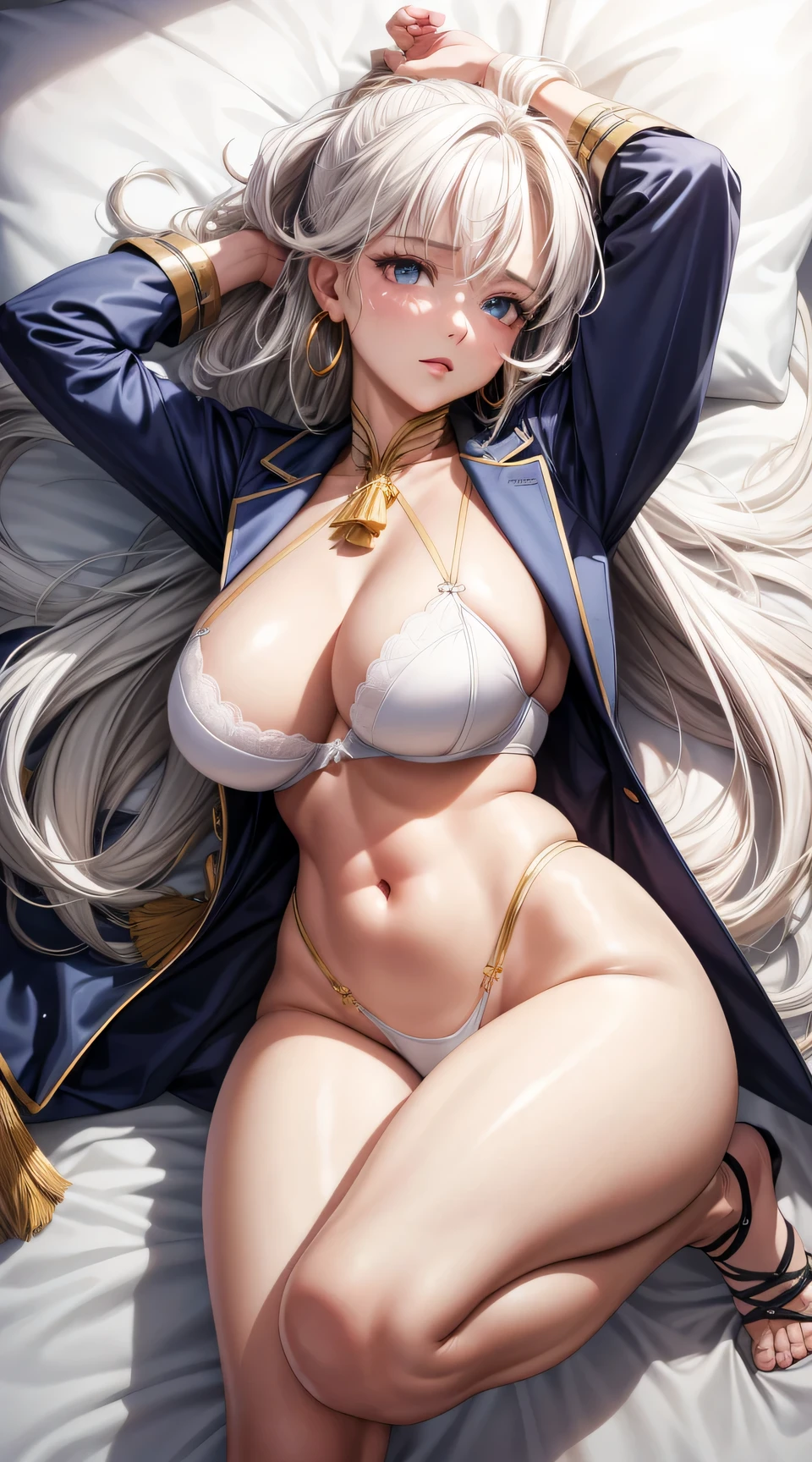 (best quality:1.5, highres, UHD, 4K, detailed lighting, shaders), white dread haired, gradient hair, large breasts, white bra,white string, mature woman , (pov), white background, colorful eyeshadow, dramatic lighting, sparkling eyes, sensual expression, golden earrings, flowing hair, delicate facial features, soft skinned, high cheekbones, urban setting, white background, dont look for the camera, lean forward, sleep in a bed, full body