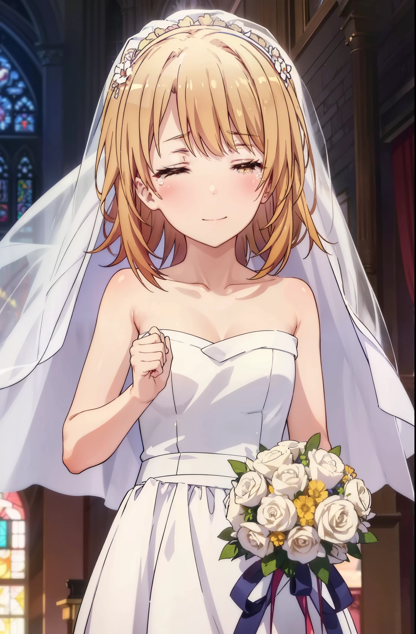 irohaisshiki, iroha isshiki, long hair, brown hair,  open your mouth,smile,happy atmosphere,Close both eyes and cry,tears run down her face,tears of joy,blush,smile,naked neck,bare clavicle,bare shoulders, large pale stained glass,Light of the sun,chapel,marriage,church,Wedding dress,veil,Wedding Skirts,bouquet,bouquetトス,Holding a big bouquet in both hands,happy atmosphere,Hanabubuki,marriage式　　　　　　　　　　　　　　　　　　　　break indoors, chapel, church,
break (masterpiece:1.2), highest quality, High resolution, unity 8k wallpaper, (shape:0.8), (highly detailed face, perfect lighting, Very detailed CG, (perfect hands, perfect anatomy),