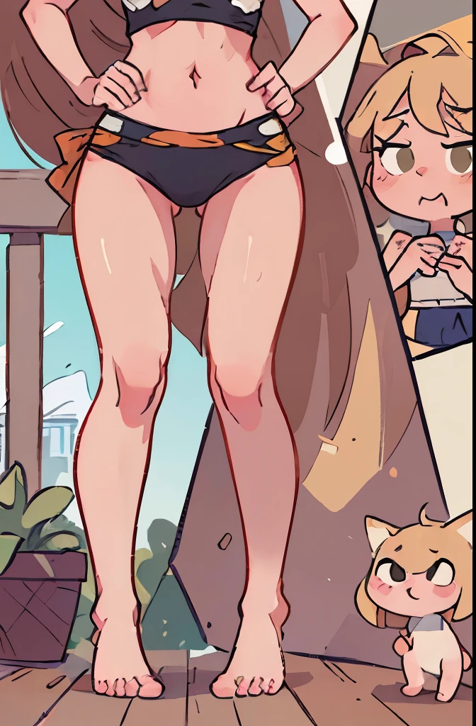 ((8k, rich detail, masterpiece)), ((master work)), (solo, woman, full body, slender), casual, balcony, short blonde ponytail, cute swimsuit, wedgie, thigh gap, tiny butt, narrow hips, behind, happy, close up on butt, focus on butt