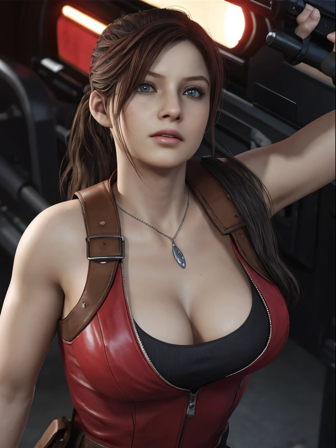 Claire Redfield, {{master part, best quality, CG extremamente detalhado, Unity 8k papel de parede, Cinematic lighting}},  1girl, Mulher nova, corpo inteiro, dia ensolarado, belos olhos detalhados, (seios grandes, clivagem), Bunda redonda, looking up at the audience, long eyelashes