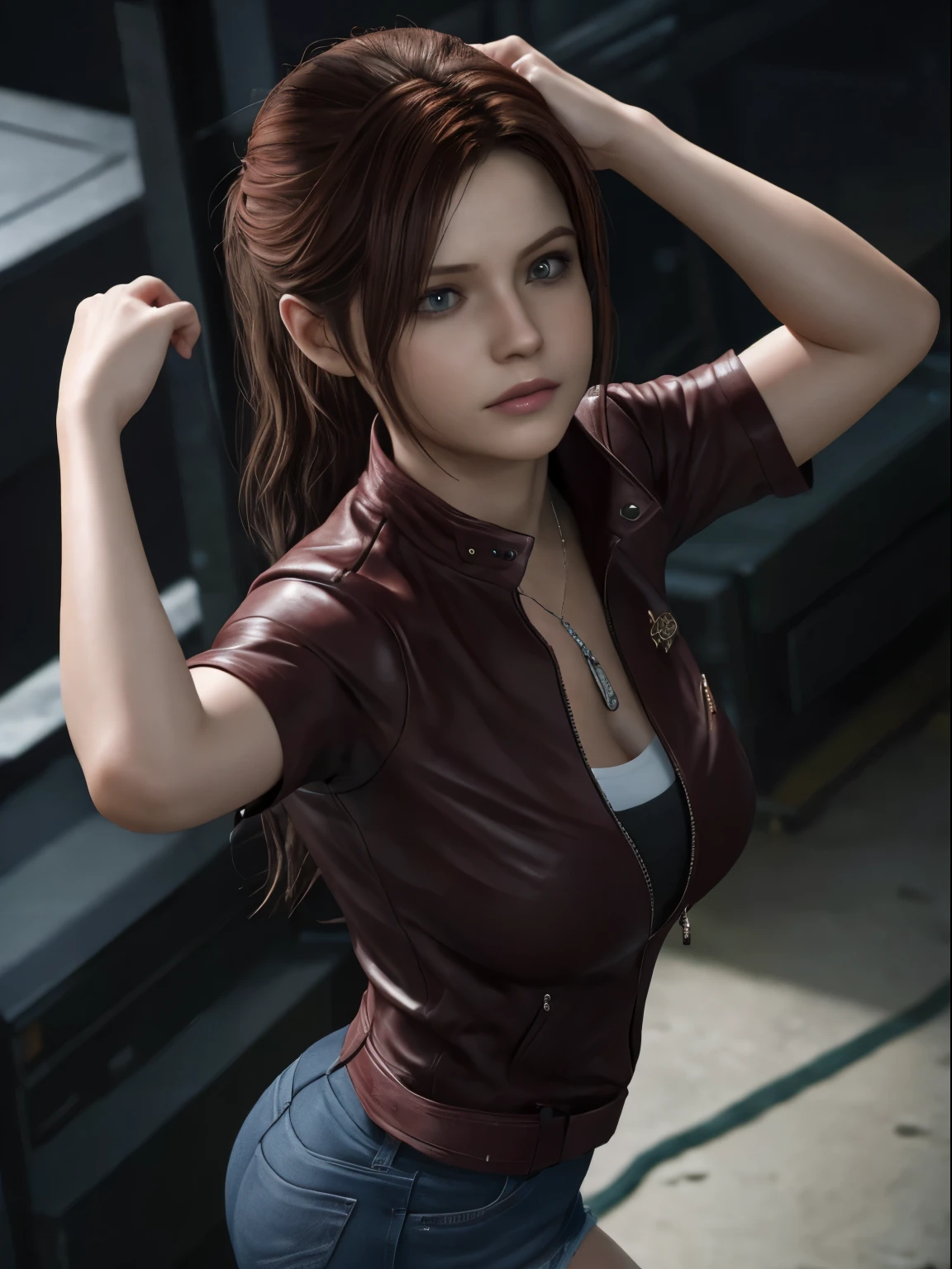 Claire Redfield, {{master part, best quality, CG extremamente detalhado, Unity 8k papel de parede, Cinematic lighting}}, 1girl, Mulher nova, corpo inteiro, dia ensolarado, belos olhos detalhados, (seios grandes, clivagem), Bunda redonda, looking up at the audience, long eyelashes