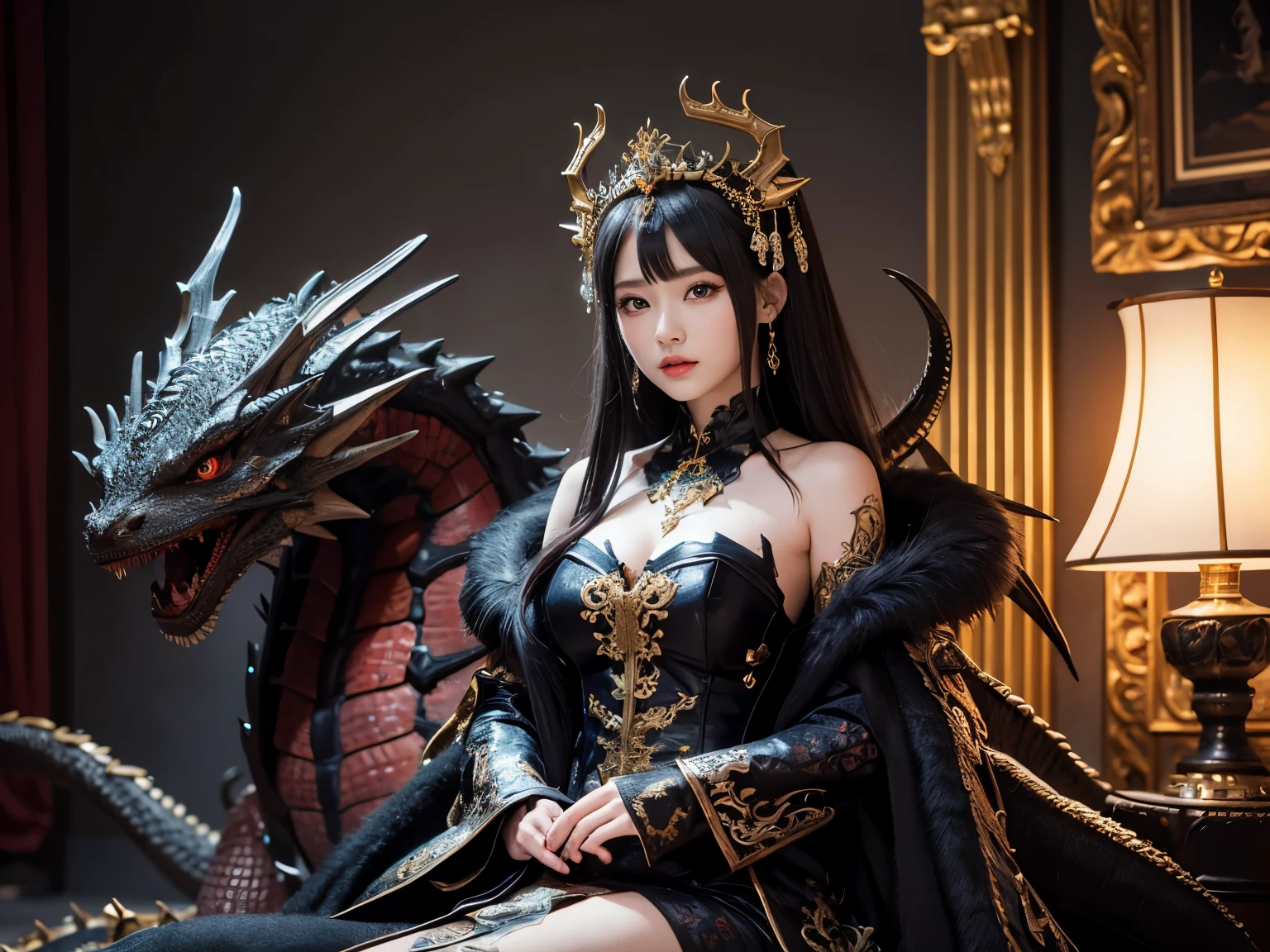 Dragon princess sitting in front of a dragon,( absurdly,high quality , Super detailed),(See photographer ), black dragon queen,Detailed and beautifully colored dragon costume,fantastic world