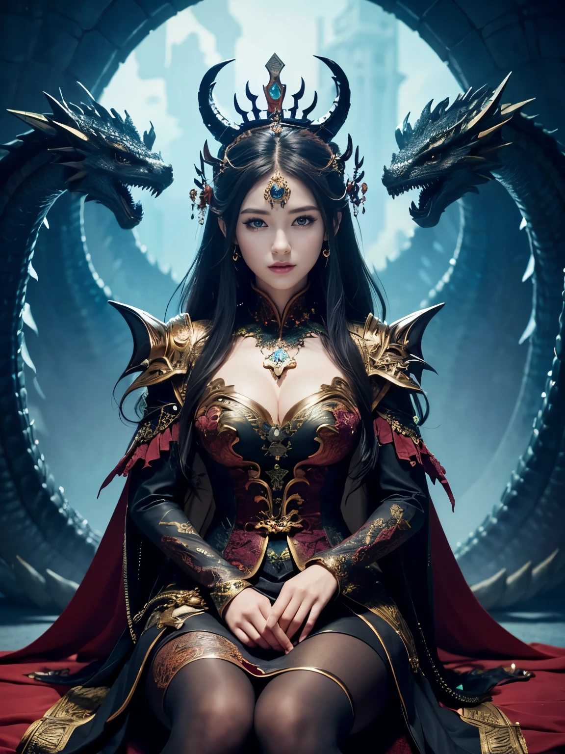 Dragon princess sitting in front of a dragon,( absurdly,high quality , Super detailed),(See photographer ), black dragon queen,Detailed and beautifully colored dragon costume,fantastic world