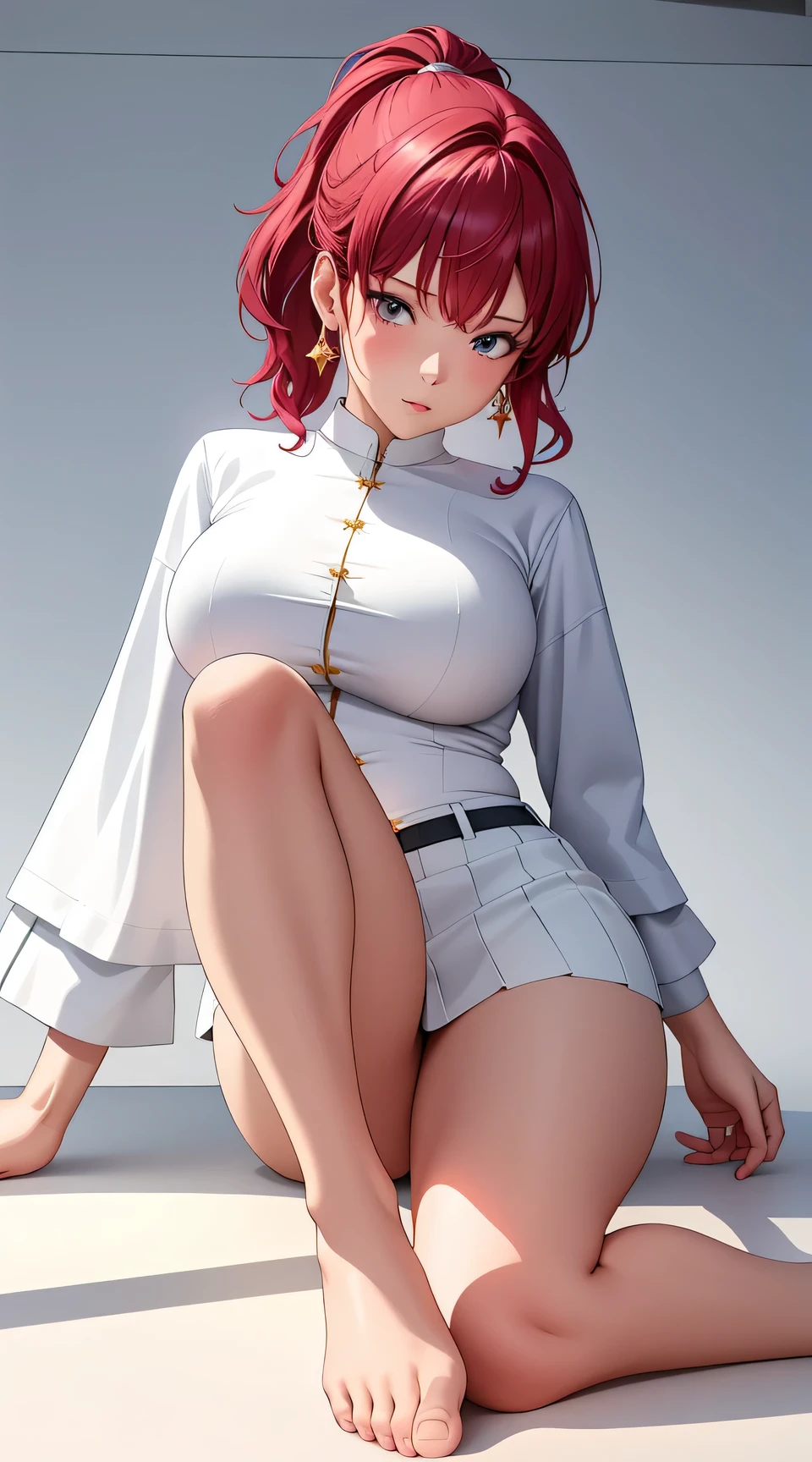 (best quality:1.5, highres, UHD, 4K, detailed lighting, shaders), red afro haired, gradient hair, large breasts, suit, white shirt, white social shirt, white short skirt, mature woman , (pov), white background, colorful eyeshadow, dramatic lighting, sparkling eyes, sensual expression, golden earrings, flowing hair, delicate facial features, soft skinned, high cheekbones, urban setting, white background, dont look for the camera, lean forward, full body