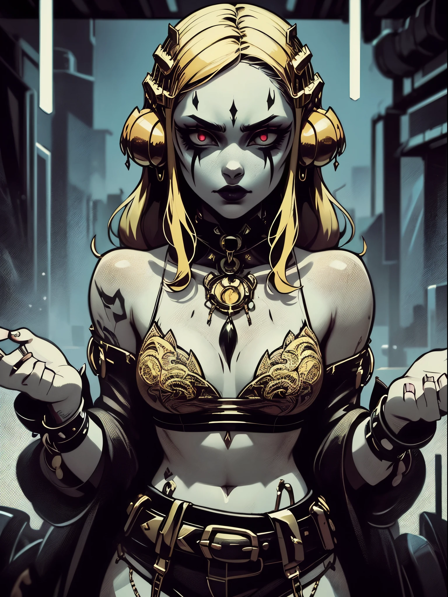 A gothic woman with horrifying glowing red eyes wearing golden clothes is the main subject of the artwork. The woman's eyes are extremely detailed, capturing the intense glow with precision. Her clothes are made of gold material, giving them a luxurious and majestic appearance. The artwork is inspired by cyberpunk anime, combining futuristic elements with a dark and mysterious atmosphere. The style is characterized by vibrant colors and intricate details that bring the image to life. The studio lighting enhances the dramatic effect, casting shadows and highlighting the woman's features. The image is of the highest quality, with a resolution of 4k, 8k, or even higher. It showcases the artist's mastery and attention to detail, making it a masterpiece. The realism of the artwork is emphasized, creating a lifelike representation of the gothic woman. The colors in the artwork are vivid and eye-catching. They contribute to the overall aesthetic and mood of the image, adding depth and contrast to the composition. The color palette is carefully chosen to enhance the cyberpunk theme and create a visually stunning experience. The lighting in the artwork is carefully designed to emphasize the woman's presence and create a sense of drama. The studio lighting setup ensures that every detail is visible and enhances the overall atmosphere of the image. It adds depth and dimension to the artwork, creating a captivating visual experience. With these elements combined, the resulting artwork is a stunning representation of a gothic woman in a cyberpunk anime style. The ultra-detailed depiction, vivid colors, realistic rendering, and high image quality make it a true masterpiece. It captures the viewer's attention and immerses them in a dark and captivating world.