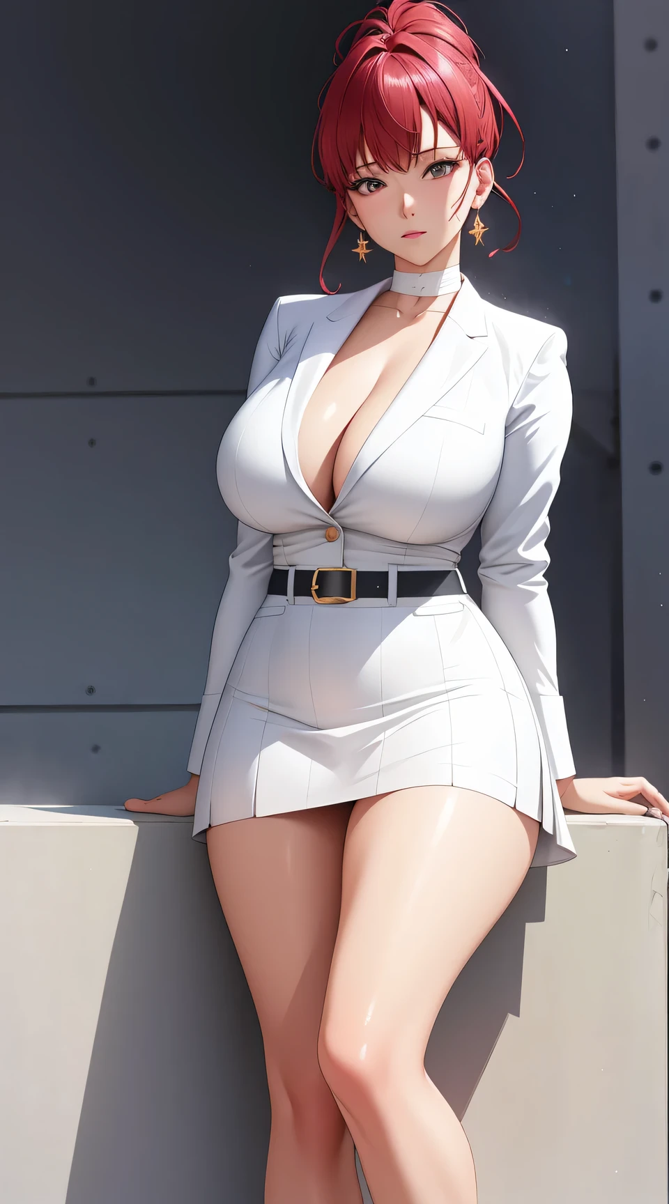 (best quality:1.5, highres, UHD, 4K, detailed lighting, shaders), red afro haired, gradient hair, large breasts, suit, white shirt, white social shirt, white short skirt, mature woman , (pov), white background, colorful eyeshadow, dramatic lighting, sparkling eyes, sensual expression, golden earrings, flowing hair, delicate facial features, soft skinned, high cheekbones, urban setting, white background, dont look for the camera, lean forward, full body