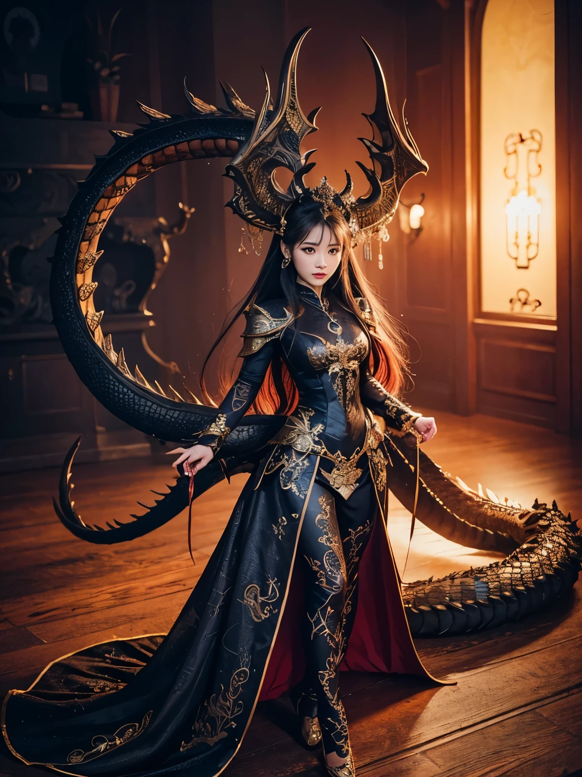 Dragon princess standing in front of a dragon,( absurdly,high quality , Super detailed),(See photographer ), black dragon queen,Detailed and beautifully colored dragon costume,fantasy world dragon background