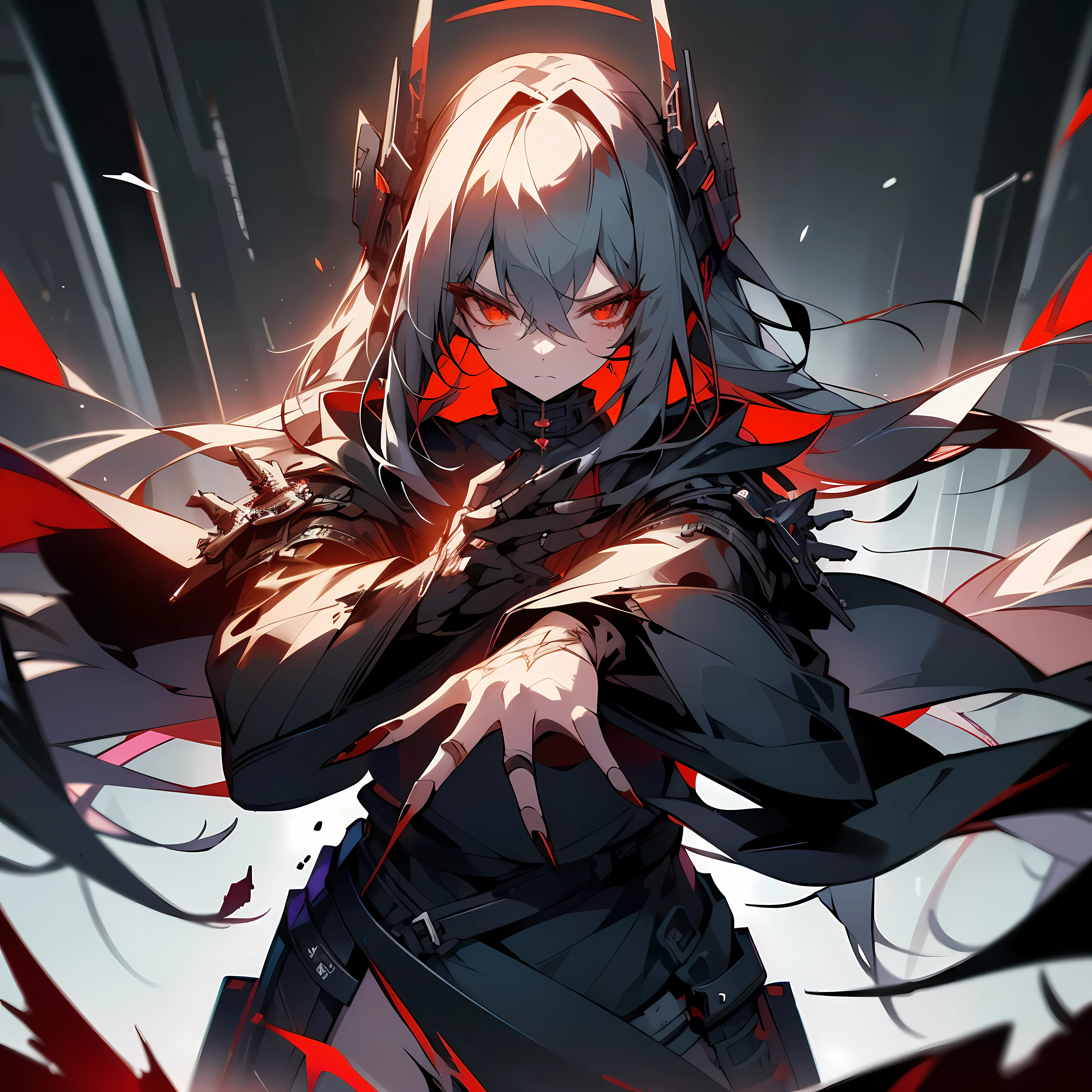 1girl, silver hair, long hair, (straight hair:1.5), red eyes, indifferent emotion, black ripped dress, glow, blood, red shards, clouds, ukoö