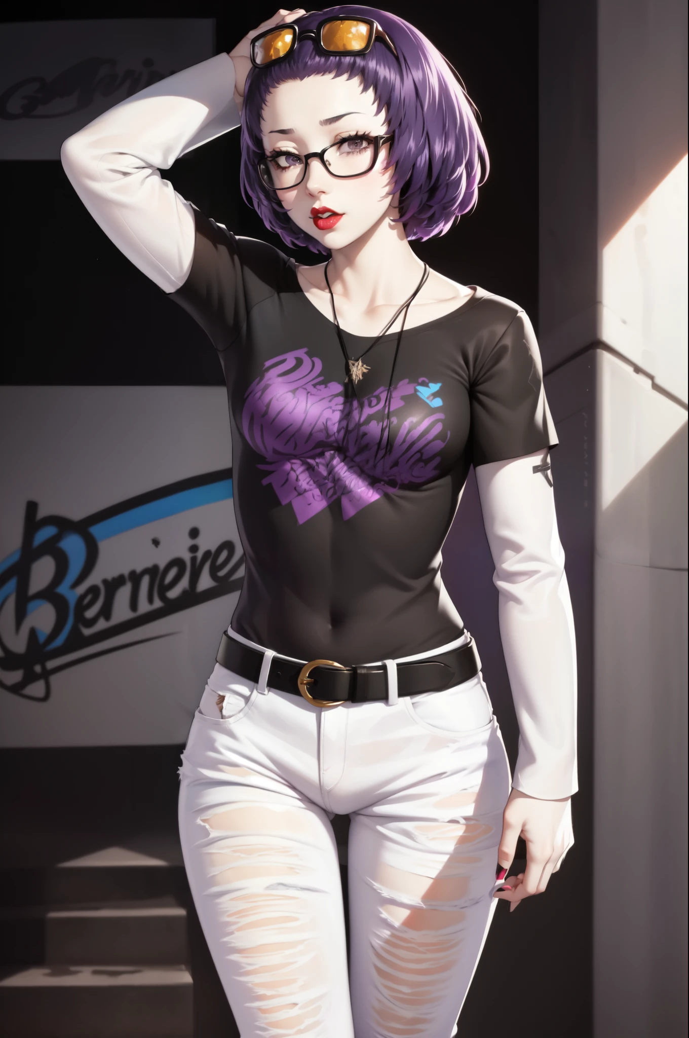 defBernie, purple hair, 1girl, solo, standing, black t-shirt, white shirt, jeans, belt, lipstick, eyewear on head,